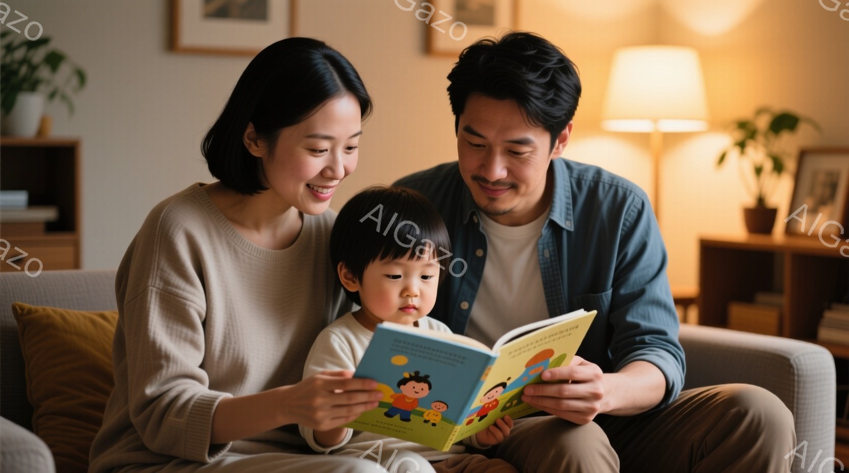 温かい光に包まれたリビングで、若い夫婦が幼い息子と絵本を読んでいる様子が写っている。母親は明るい色のセーターを着て、微笑みながら絵本を見つめ、父親はデニムシャツを着て、息子と一緒に絵本に集中している。 - AI生成フリー素材