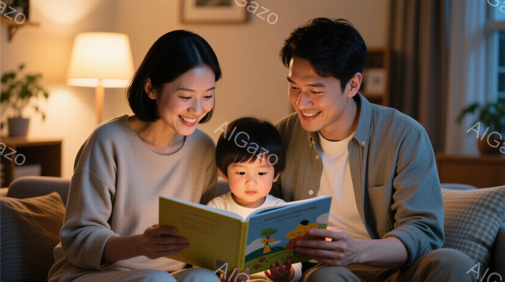 笑顔の若い夫婦が、膝の上で絵本を見ている幼い子供と暖かく寄り添っています。母親はロングヘアで、夫は短髪で、二人ともリラックスした表情で、子供に優しく語りかけています。背景には、植物や間接照明のあるリビ - AI生成フリー素材