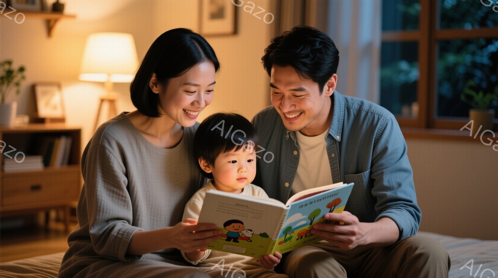 幼い子供を中心に、母親と父親が絵本を読んでいる様子が写っている。母親は長い髪を後ろに垂らし、笑顔で絵本を見つめ、父親は短い髪で穏やかな表情で絵本を読んでいる。背景には家具や植物が見え、部屋全体が温かく - AI生成フリー素材