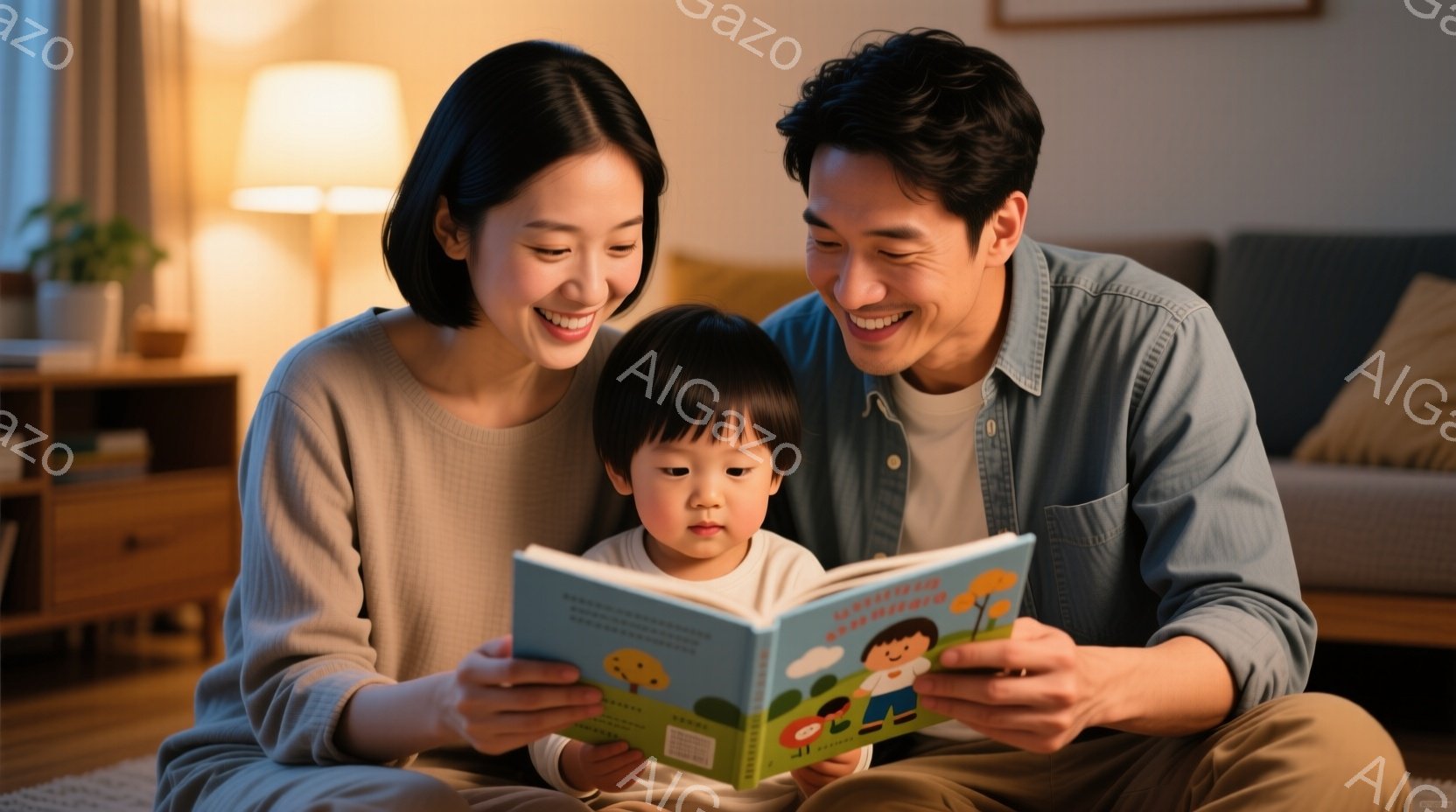 幼い子供を両親が膝に乗せて絵本を読んでいる様子が写っている。母親はベージュ色のセーターを着て微笑み、父親はデニムシャツを着て、同じように微笑んでいる。背景には木製の家具と観葉植物が見え、暖かく穏やかな家庭の雰囲気が漂っている。