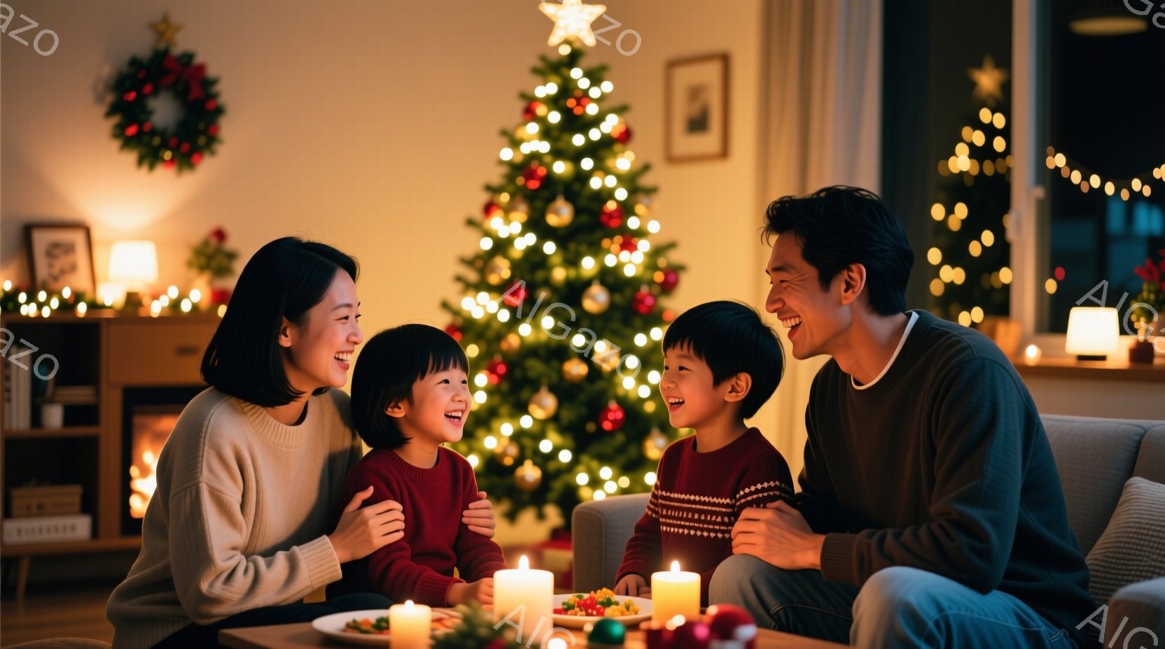 温かい光に包まれたリビングで、両親と二人の子供が寄り添って笑顔を浮かべている。母親はベージュのセーターを着ており、娘は赤い服を着ている。背景にはクリスマスツリーが飾られ、キャンドルが灯り、家族の温かい雰囲気を強調している。