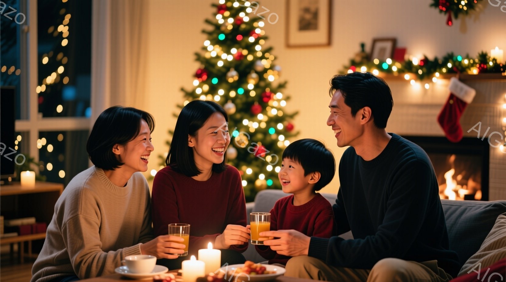 家族が暖炉の前でリラックスした時間を過ごしている様子が写っています。母親は赤いニットを着て笑顔でグラスを持ち、父親と息子も同じようにグラスを持って楽しんでいます。背景にはクリスマスツリーが飾られ、温かい光に包まれた居間は、幸福感と安らぎに満ちています。