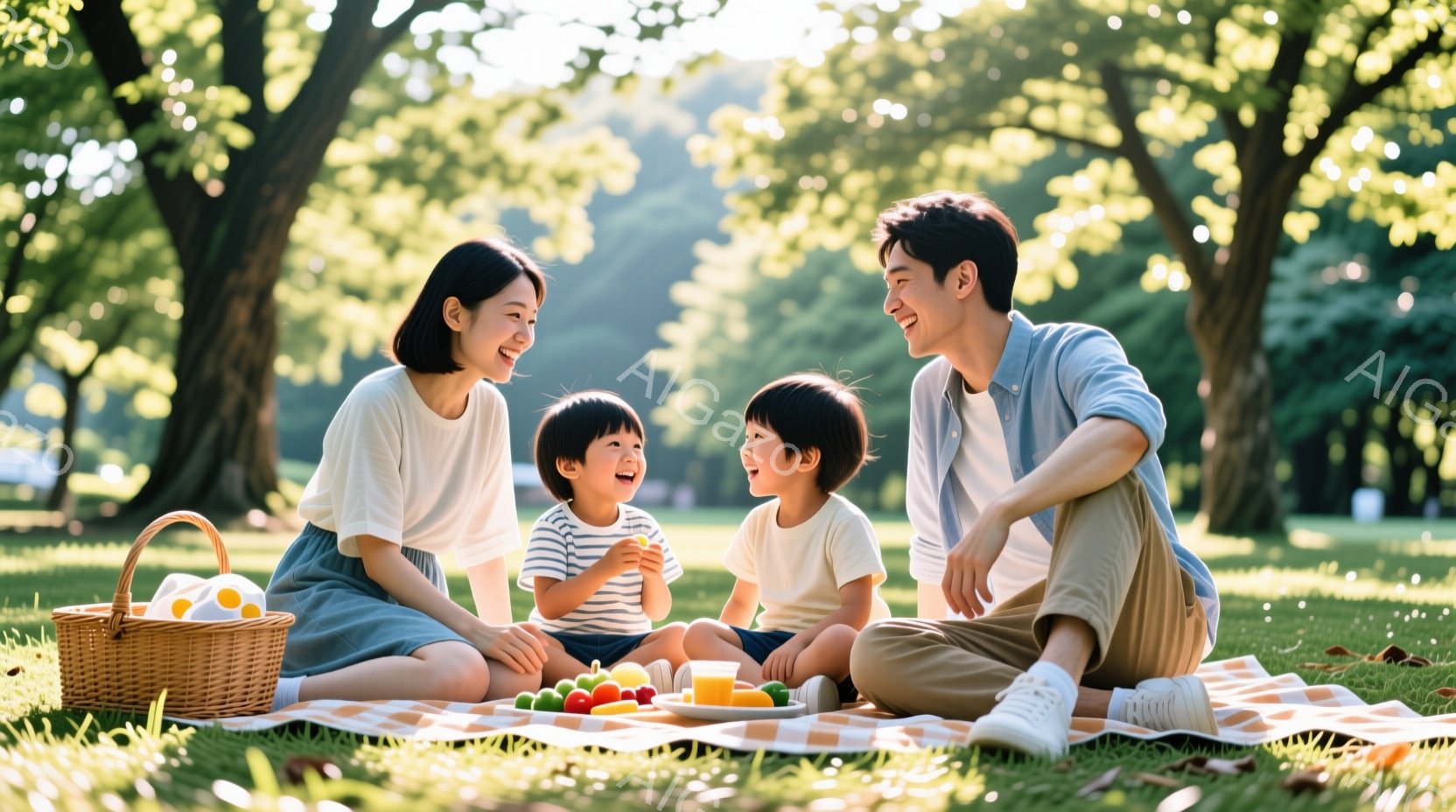 緑豊かな公園の芝生の上で、家族がピクニックを楽しんでいる様子が描かれています。母親はグレーのワンピースを着て微笑み、息子たちはそれぞれオレンジ色のシャツを着て、母親を見上げながら楽しそうに笑っています。背景には木々が生い茂り、太陽の光が差し込み、暖かく幸せな雰囲気を醸し出しています。