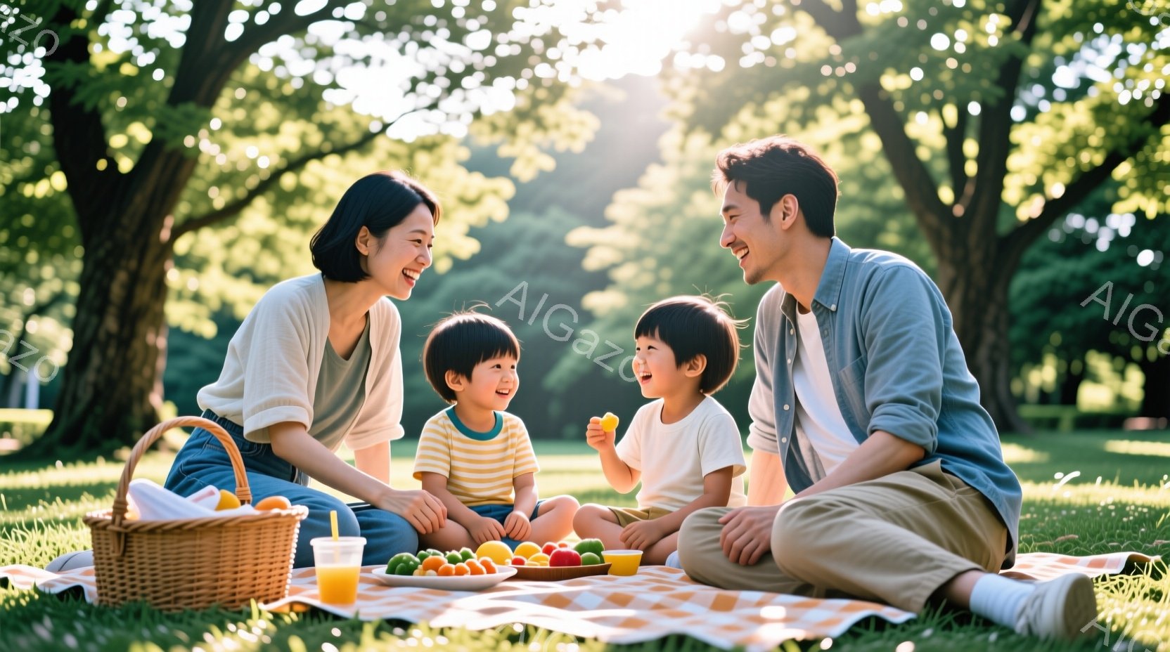 芝生の上でピクニックをしている家族の写真です。母親は茶色の髪を肩まで伸ばし、白いTシャツとジーンズを着ています。父親は、明るい色のシャツとベージュ色のズボンを着用し、2人の幼い子供たちは笑顔でオレンジ色の果物を手にしています。