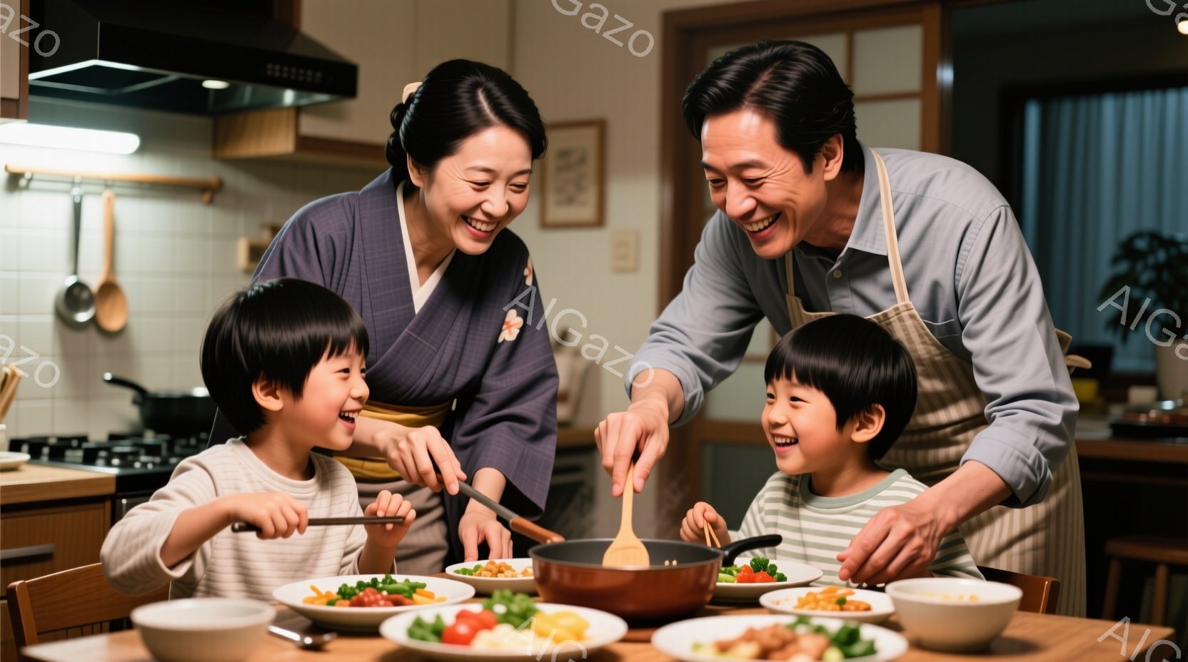 料理を囲む家族の温かい光景が描かれています。母親は着物を着て微笑み、息子に料理をよそっています。父親はエプロンを着て、別の息子に料理を盛り付けるのを手伝い、全員が楽しそうな表情をしています。