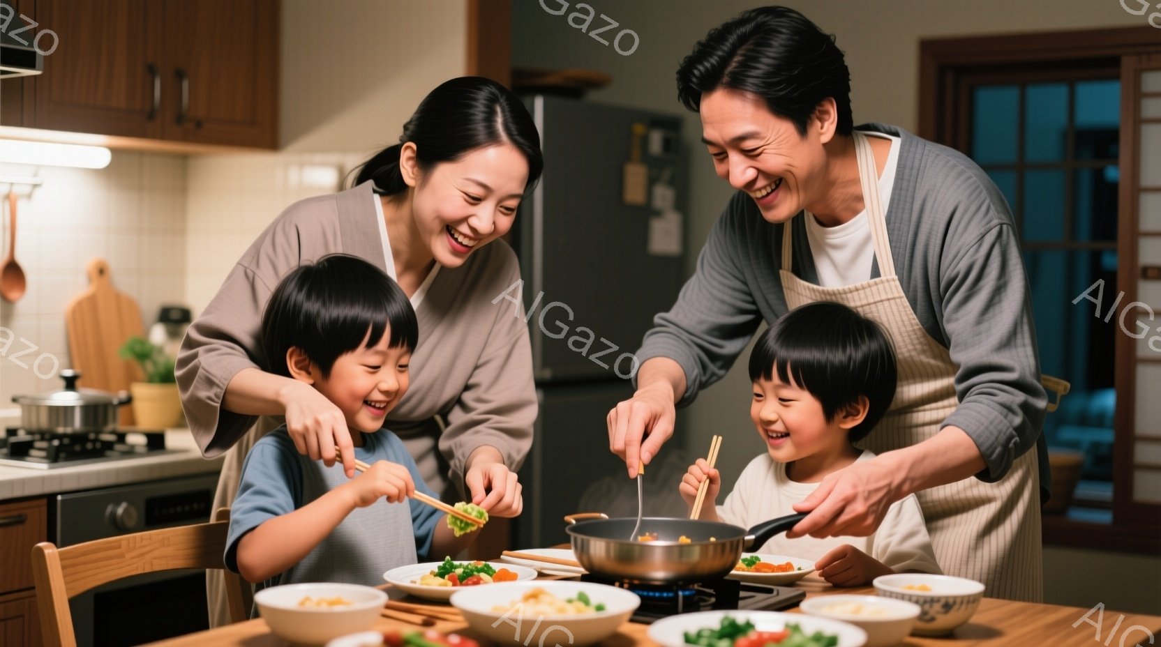室内には、微笑む母親と父親、そして二人の幼い子供たちが写っている。母親は薄いピンク色の服を着ており、父親はエプロンをつけ、フライパンから皿に料理を盛り付けている。子供たちはテーブルを囲み、それぞれ箸を使って料理を楽しんでいる様子で、家族の温かい食事が感じられる。