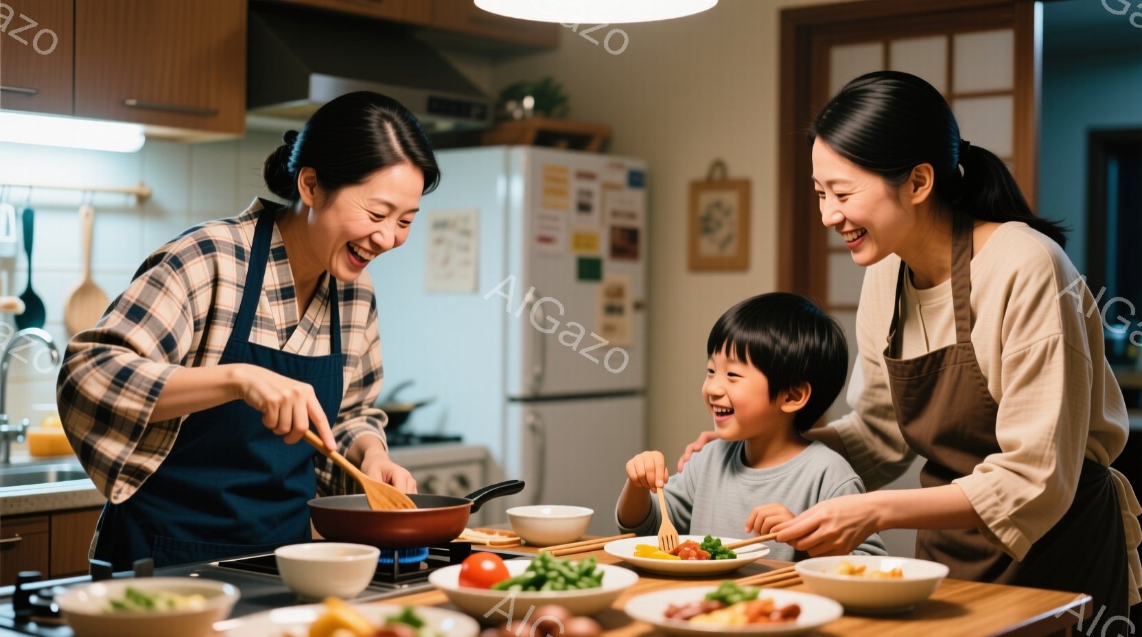 暖かいキッチンで、エプロンを着た女性がフライパンで料理を作り、笑顔の少年がテーブルに座って楽しみに待っています。女性はチェック柄のシャツを着ており、少年はグレーのTシャツを着ています。背景には冷蔵庫や - AI生成フリー素材
