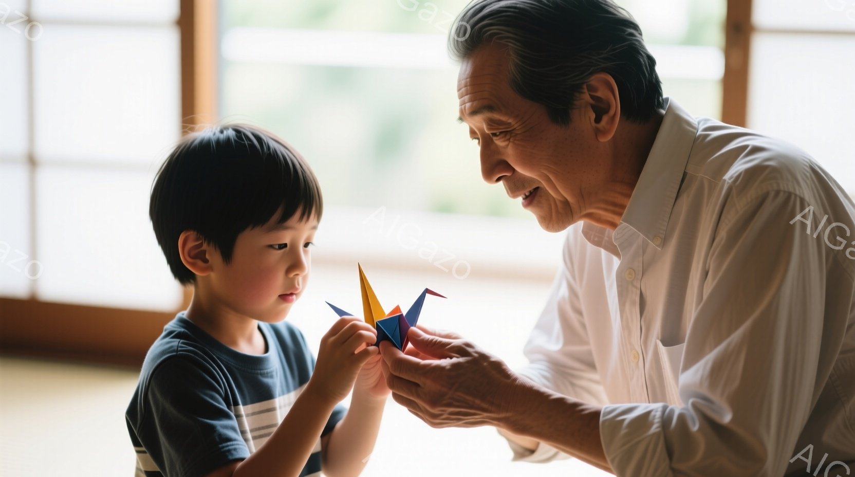 少年は青と白のストライプのシャツを着ており、茶色の髪は短く整えられています。彼は黄色と青の折り紙の鶴を手に持ち、真剣な表情でじっと見つめています。年配の男性は白いシャツを着ており、微笑みながら少年と折り紙を共有しており、畳の部屋の中で温かい雰囲気を作り出しています。
