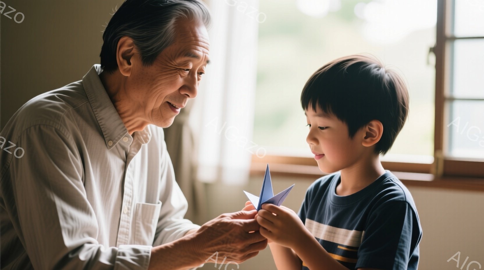 年配の男性と幼い少年が、折り紙の青い鳥を見つめ合っています。男性は薄いブルーのシャツを着ており、少年はネイビーと白の縞模様のシャツを着ています。背景には窓があり、部屋全体が柔らかい光で満たされ、温かく穏やかな雰囲気が漂っています。