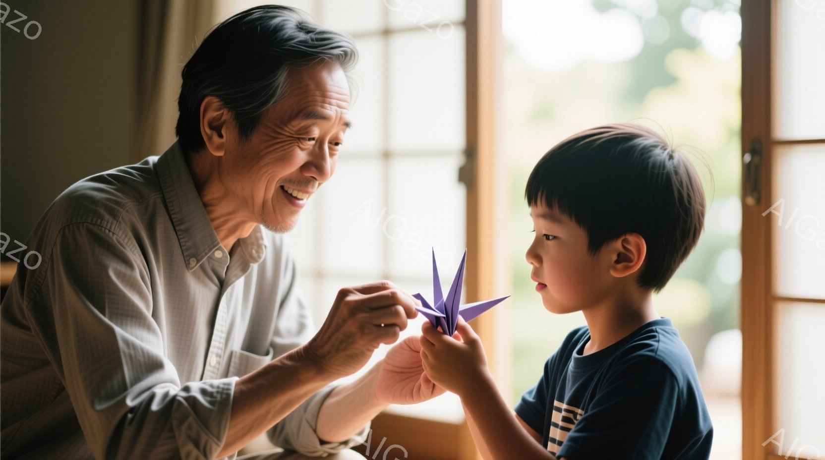 白髪の祖父が、紫色の折り紙の鶴を孫に手渡そうとしています。祖父は笑顔で、孫は真剣な眼差しで折り紙を見つめています。背景には木製の障子と緑豊かな自然が見え、温かく穏やかな雰囲気が漂っています。 - AI生成フリー素材
