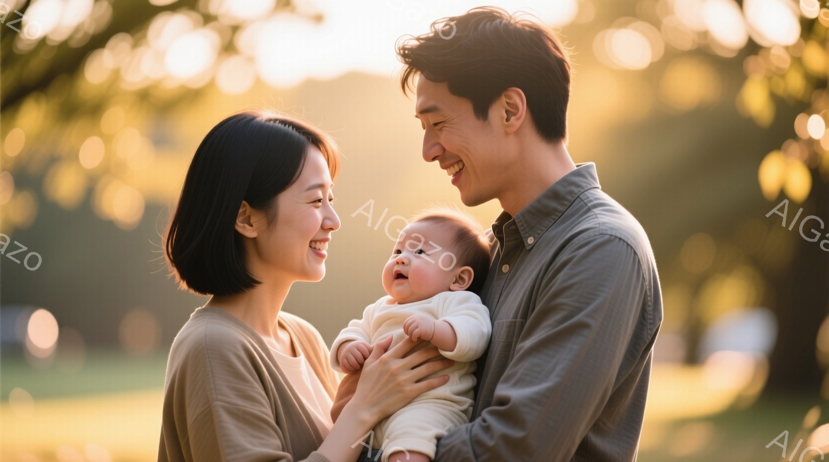 笑顔の若い夫婦が、生まれたばかりの赤ちゃんを抱きしめ合っている様子が写っている。女性は肩までの長さの黒髪で、ベージュ色のセーターを着ている。男性は灰色のシャツを着ており、背景には緑豊かな自然と暖かい日差しが広がっている。