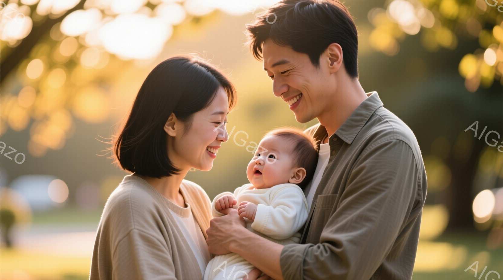 幼い赤ちゃんを両親が抱きしめています。母親は短い茶髪で、クリーム色のセーターを着ています。父親はカーキ色のシャツを着ており、赤ちゃんを見つめながら微笑んでいます。背景には緑豊かな木々とぼやけた建物が見え、全体的に温かく幸せな雰囲気が漂っています。