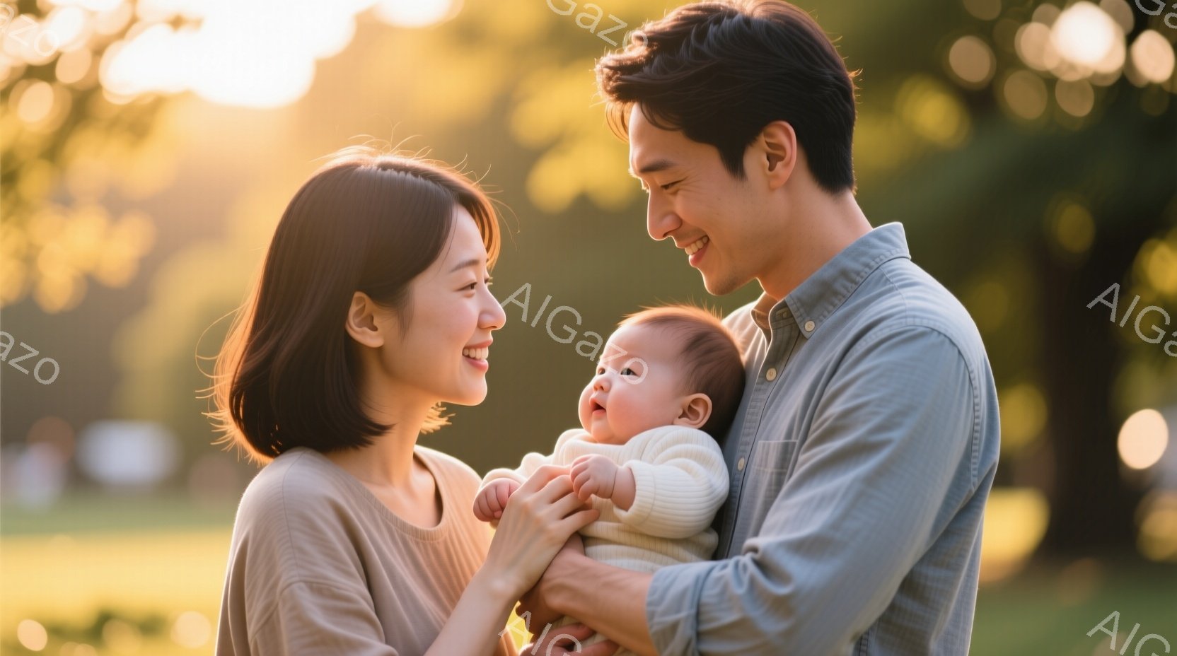 若い夫婦が、生まれたばかりの赤ちゃんを抱きかかえ、見つめ合っています。女性は短い茶髪で、ベージュ色のトップスを着ており、夫はブルーのシャツを着ています。背景には緑豊かな自然が広がり、夕日のような暖かい光が差し込み、穏やかで愛情に満ちた雰囲気を醸し出しています。