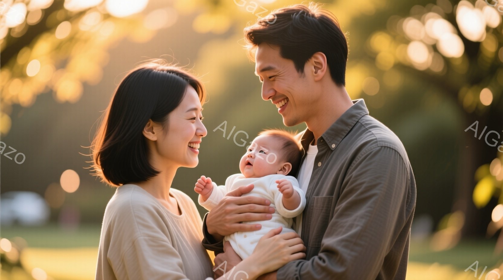 笑顔の若い夫婦が、生まれたばかりの赤ちゃんを抱きかかえて立っています。女性は肩まで届く茶色の髪で、ベージュ色のシンプルなトップスを着ています。男性は、明るい茶色のシャツを着ており、背景には緑豊かな木々が見え、柔らかな日差しが降り注いでいます。