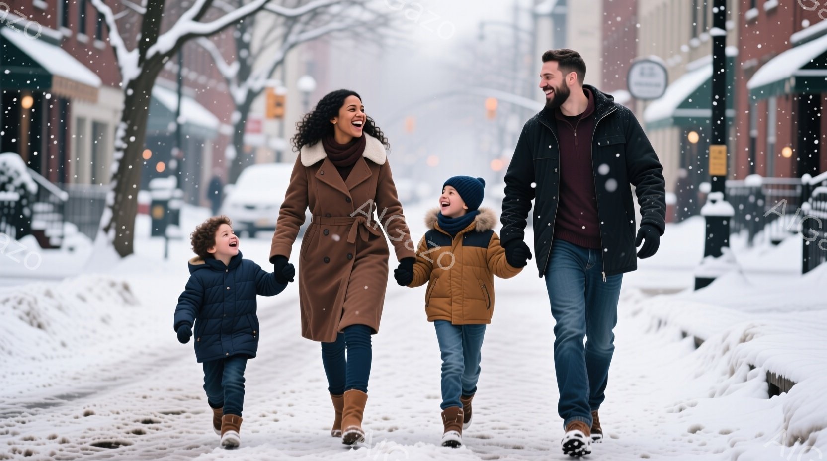 雪が降る街路を、両親と二人の子供が手をつないで歩いている。母親は茶色のコートにブーツを履き、巻き毛を外に出している。父親は黒のジャケットとジーンズで、子供たちはそれぞれ青と黄色の暖かいジャケットを着ており、皆笑顔で幸せな雰囲気が漂っている。