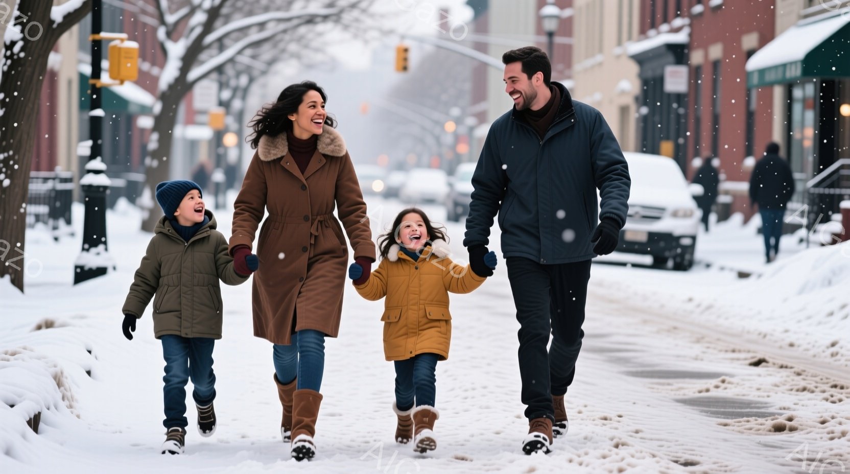 吹雪のなか、笑顔の家族が手をつないで歩いている。母親は茶色のロングコートにブーツを履き、父親は濃い青のジャケットにジーンズ姿で、それぞれ子供たちと手をつないでいる。背景には雪で覆われた建物や街路樹が見え、全体的に温かく幸せな冬の雰囲気が漂っている。