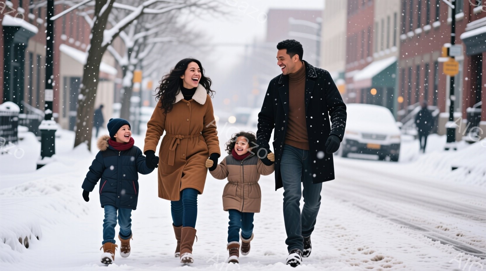 雪が降る街を、両親と二人の子供たちが手をつないで歩いている。母親は茶色のコートに長い髪、父親は黒いコートに短髪で、子供たちはそれぞれ紺色と茶色の冬のコートを着ている。背景には雪で覆われた建物と街路樹が見え、温かく幸せな家族の雰囲気が伝わってくる。