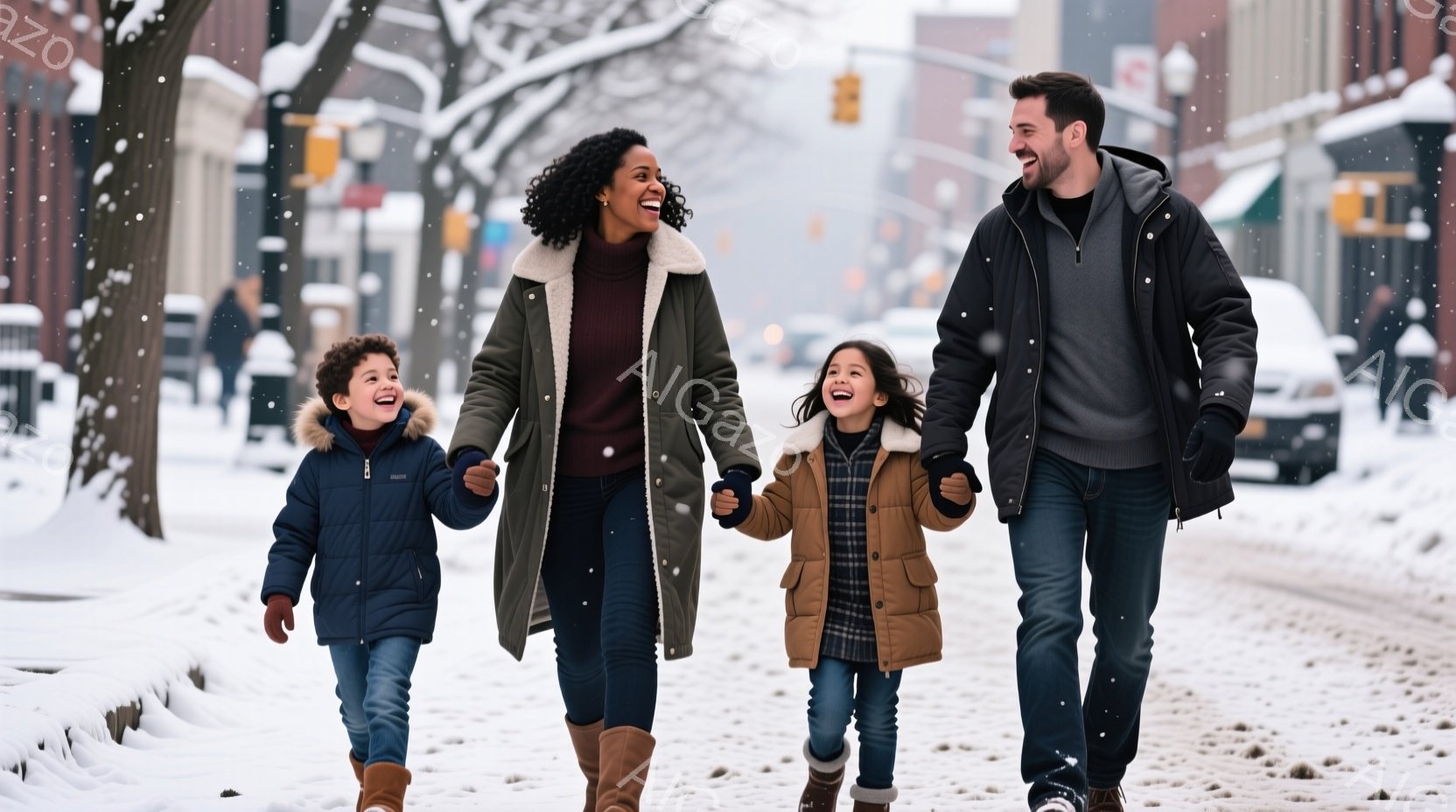 家族四人が雪の降る街路を歩いている。母親は緑色のロングコートと茶色のブーツ、巻き毛のヘアスタイルで、子供たちと手を繋いで笑顔を見せている。父親は黒いジャケットとジーンズ姿で、同じく笑顔で前を見据えている。