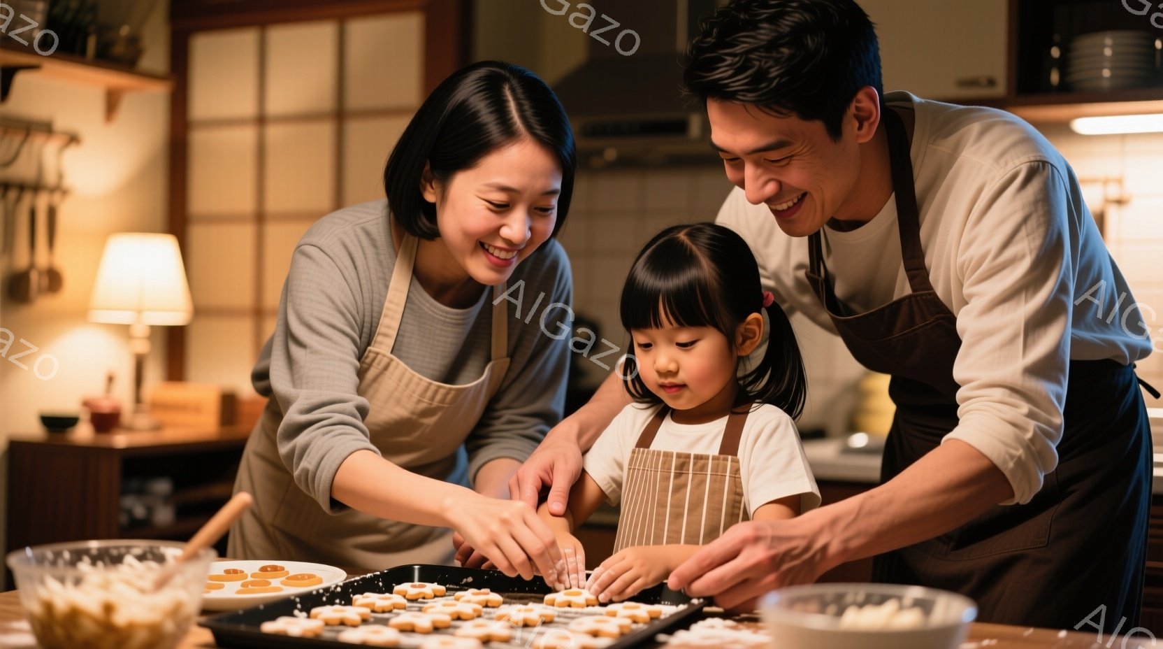 笑顔の女性と男性が、エプロンをつけてクッキーをトレイに並べている様子が写っている。女性は薄いグレーの長袖シャツ、男性は白シャツにエプロン姿で、共に温かい笑顔を見せている。背景には木製のキッチンキャビネットや照明があり、家庭的で温かい雰囲気が漂っている。