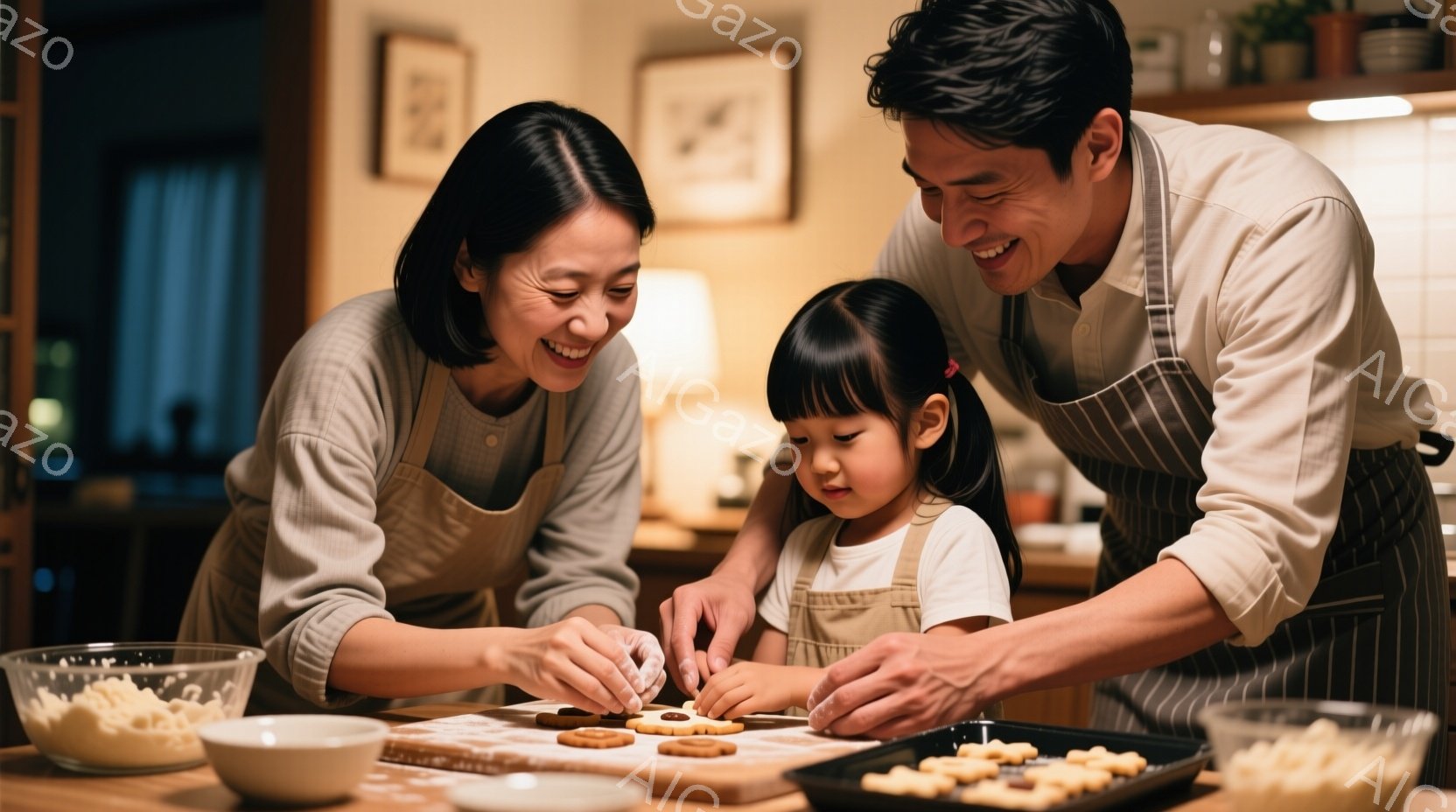 明るいキッチンで、エプロンを着た女性と幼い女の子がクッキー作りに夢中になっています。女性は笑顔でクッキーに何かをデコレーションしており、女の子も同じように真剣な表情でクッキーを飾っています。背景には薄暗いキッチンと調理器具が見え、温かく幸せな家庭の雰囲気が漂っています。