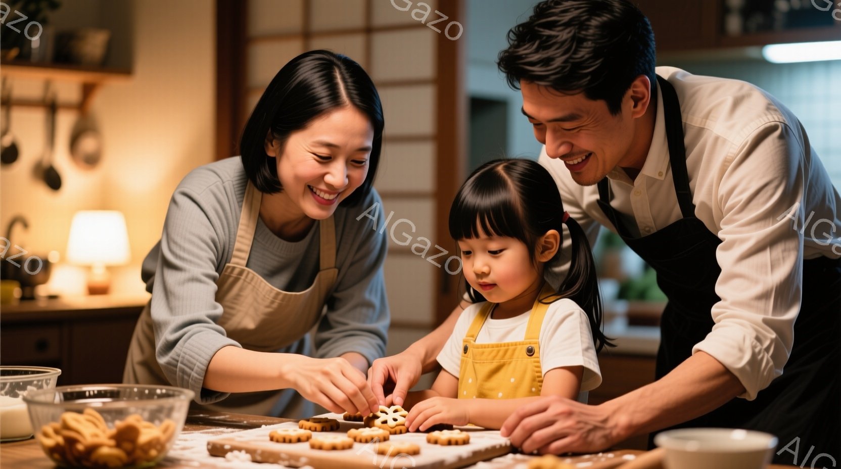 室内で、エプロンを着た母親と父親が、幼い娘と一緒にクッキー作りに夢中になっています。母親はクッキー生地をデコレーションするのを手伝い、父親は娘が丁寧にアイシングで模様を描くのをサポートしています。背景にはキッチン用品が飾られた棚があり、暖かく、愛情に満ちた家庭的な雰囲気が漂っています。