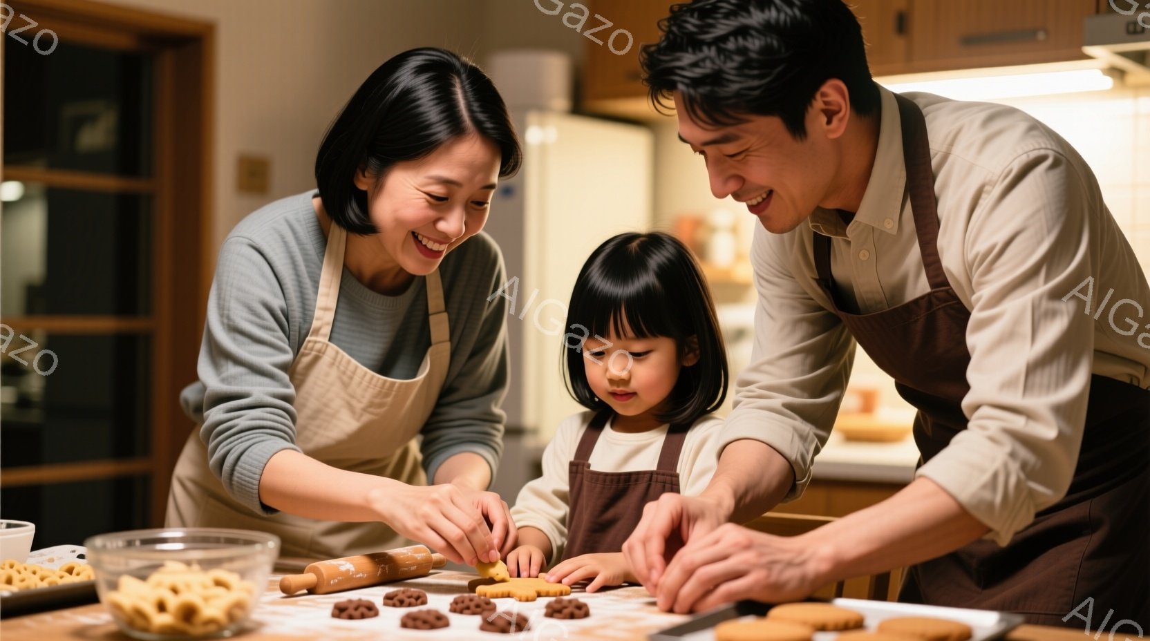 笑顔の女性と幼い女の子がキッチンでクッキー作りに夢中になっている様子が写っている。女性はグレーのセーターにエプロンをかけ、髪を後ろにまとめている。女の子は同じようにエプロンをつけ、真剣な表情でクッキー生地を伸ばしている。