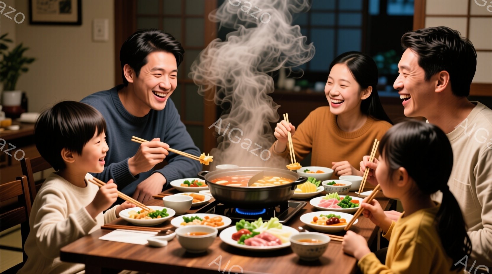 暖炉のそばのテーブルを囲み、家族が鍋料理を楽しんでいる様子が描かれています。子供たちは明るい色の服を着ており、笑顔で食事を楽しんでいます。大人はカジュアルな服装で、温かい雰囲気の中で食事を楽しんでいます。