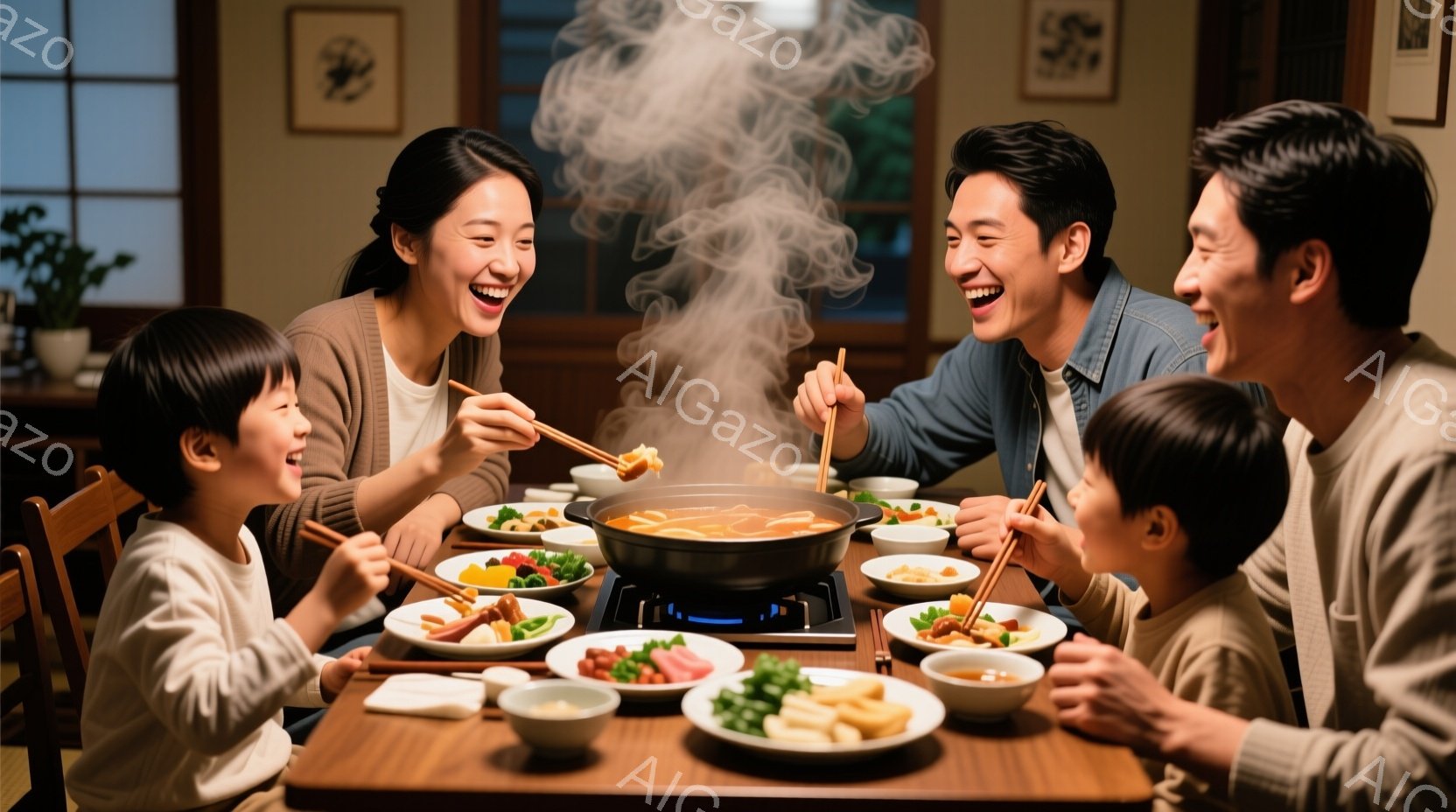 温かい家庭的な雰囲気の中で、家族が鍋料理を楽しんでいる様子が描かれています。母親は笑顔で鍋から何かを挟み、父親と子供たちは嬉しそうに箸を使って料理を取っています。背景には木製の家具と絵画があり、暖かく - AI生成フリー素材