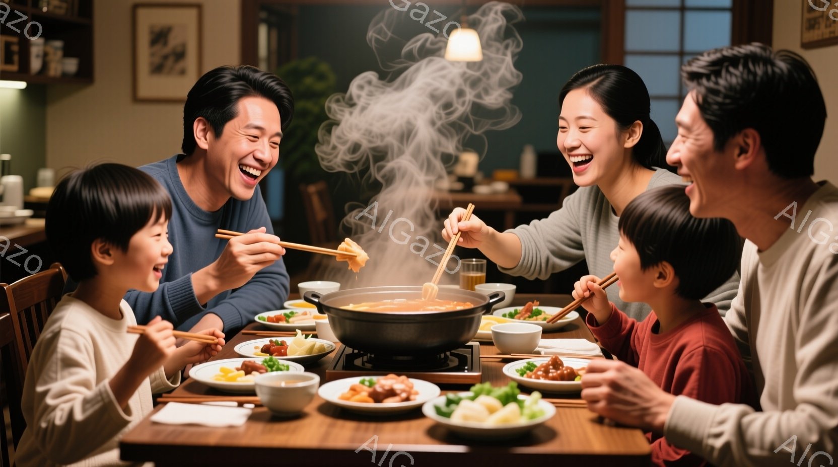暖炉のあるダイニングテーブルを囲み、家族が鍋料理を楽しんでいる様子が写っている。母親は明るい笑顔で食材を箸で取り、父親と二人の子供も同様に鍋から食材を取り、楽しんでいる様子が伺える。背景は落ち着いたトーンで、家族の温かい雰囲気が伝わる、幸せな食卓の光景である。