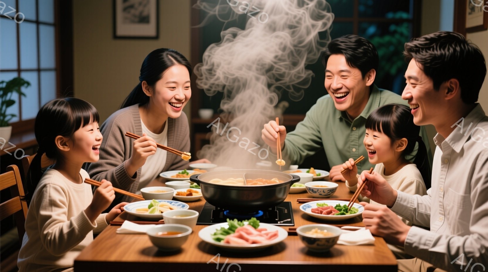 暖炉のあるダイニングテーブルを囲み、家族が鍋料理を楽しんでいる様子が描かれています。全員が笑顔で箸を使って食事をしており、特に子供たちは喜びの表情を浮かべています。背景は落ち着いた色調で、家族の温かい雰囲気を引き立てています。