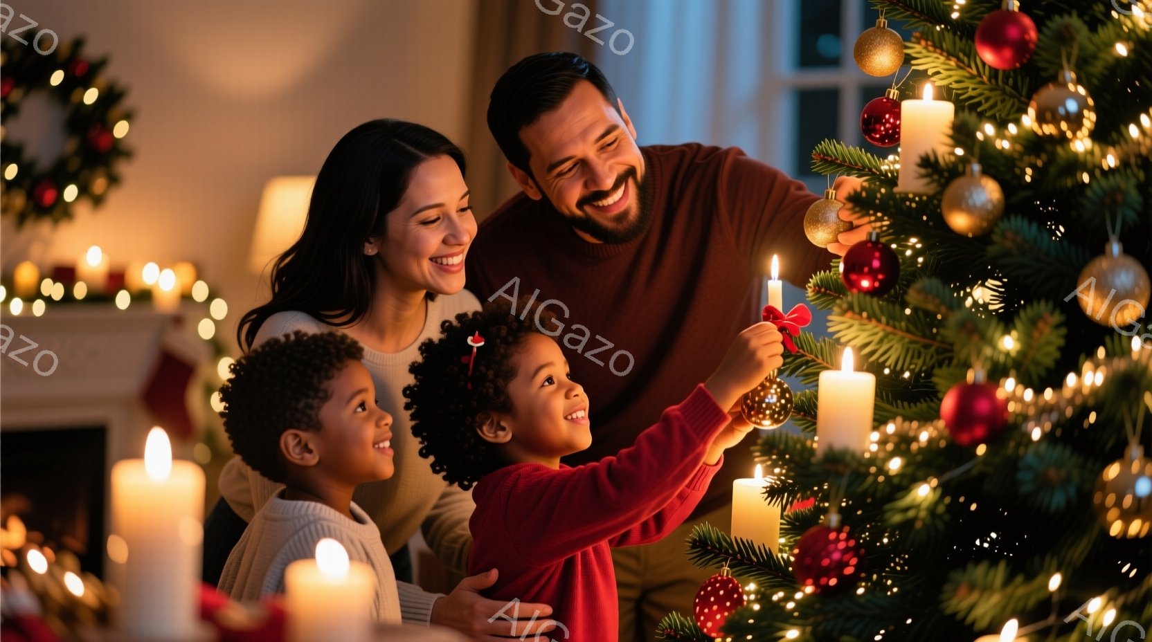 笑顔の家族がクリスマスツリーを飾り付けている様子が写っている。母親は長い髪を後ろに垂らし、赤いセーターを着た幼い娘がツリーに飾りを付けるのを優しく見守っている。背景には暖炉やキャンドルが灯り、温かく穏やかなクリスマスの雰囲気が漂っている。