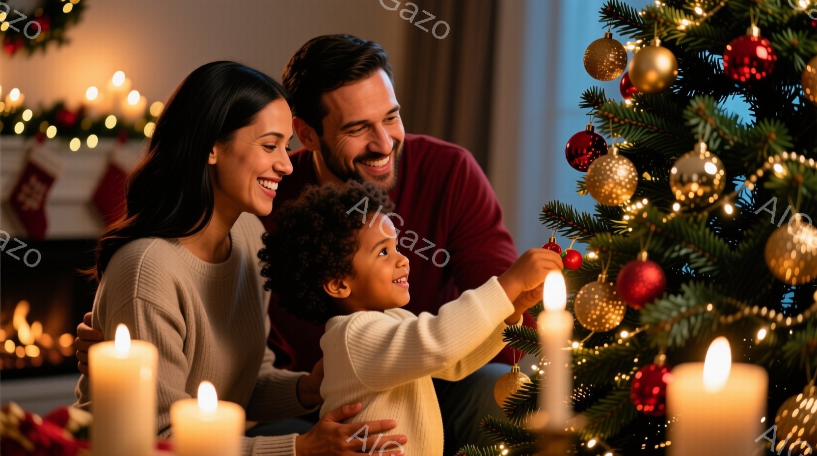 暖炉のそばのクリスマスツリーの飾り付けをする家族が写っています。母親は茶色の長い髪で笑顔を浮かべ、白いセーターを着ています。幼い女の子は巻き毛で白いセーターを着て、赤いオーナメントをツリーに飾ろうとしており、父親は嬉しそうに見守っています。