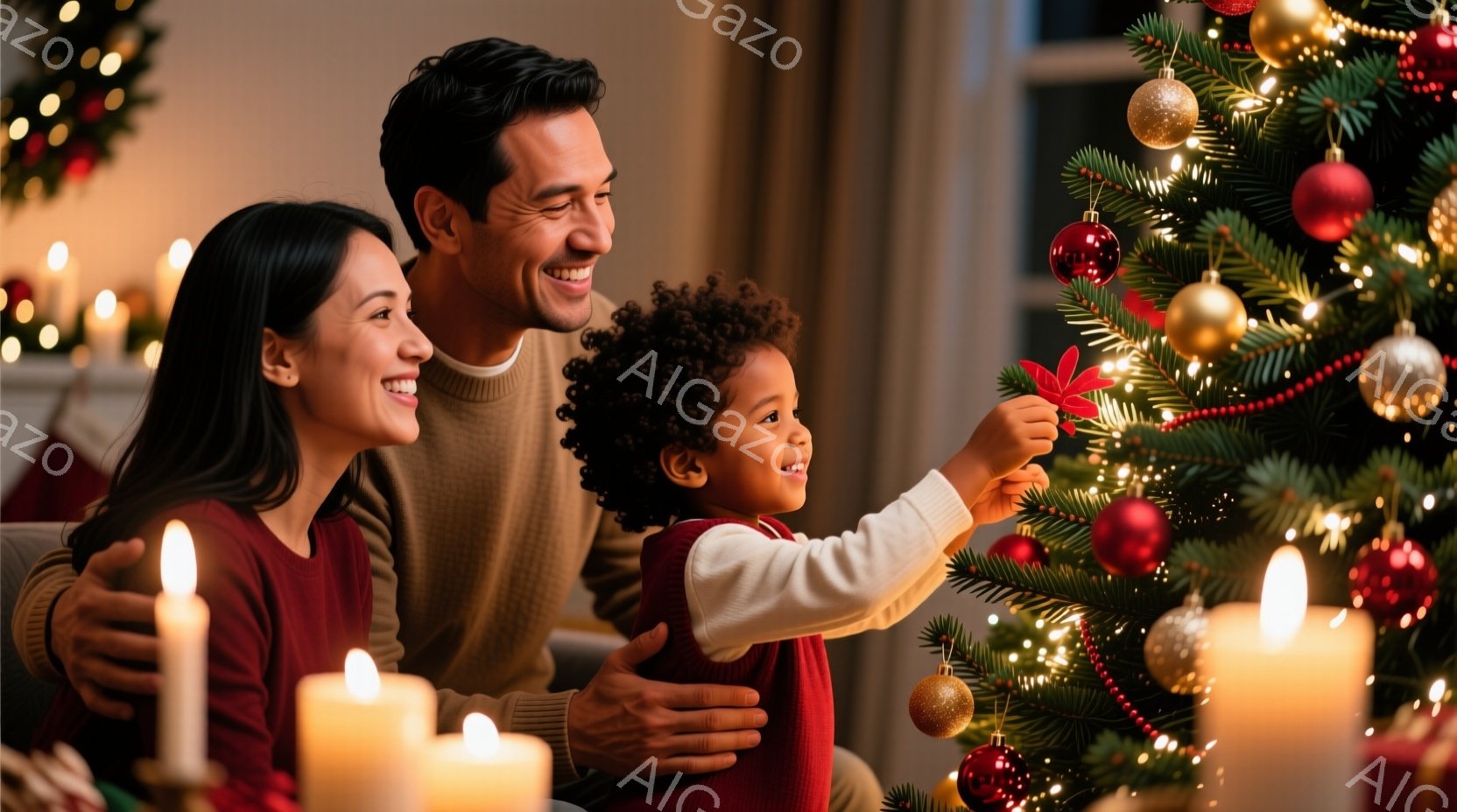 温かい光に包まれた室内で、若い夫婦と幼い子供がクリスマスツリーを飾り付けている様子が写っている。母親は黒髪で、赤いセーターを着て微笑み、父親は茶色の髪で白いセーターを着て子供を抱きしめている。背景にはたくさんのオーナメントで飾られたクリスマスツリーと、ぼんやりと見えるソファやキャンドルが配置されており、家族の温かい雰囲気が伝わってくる。