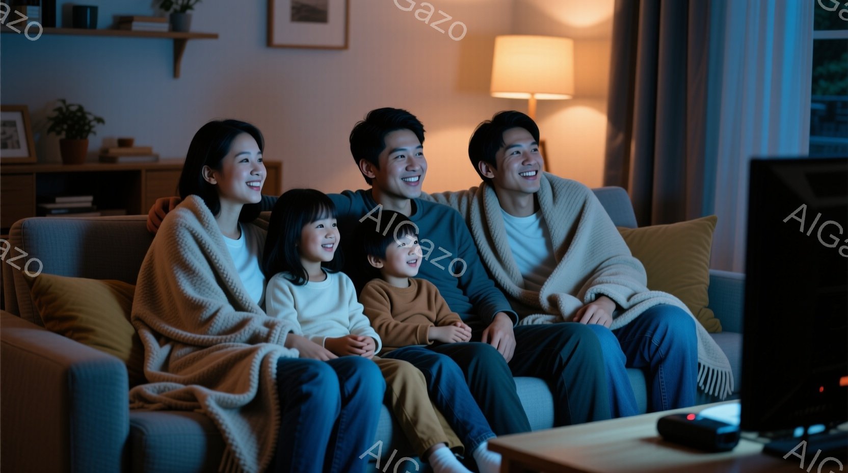 家族四人がソファーに座ってテレビを見ています。皆、青いジーンズと暖色のニットを着ており、オフホワイトの毛布に包まれています。背景には木製の棚と植物が見え、温かく、リラックスした家庭的な雰囲気です。 - AI生成フリー素材
