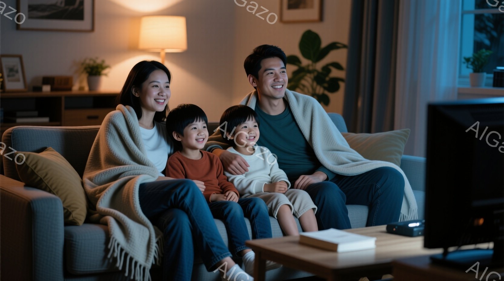 家族がソファーに座ってテレビを見ています。母親は長髪で、白いセーターを着ています。2人の子供たちは、それぞれオレンジと白のセーターを着ており、笑顔でテレビを見つめています。 - AI生成フリー素材