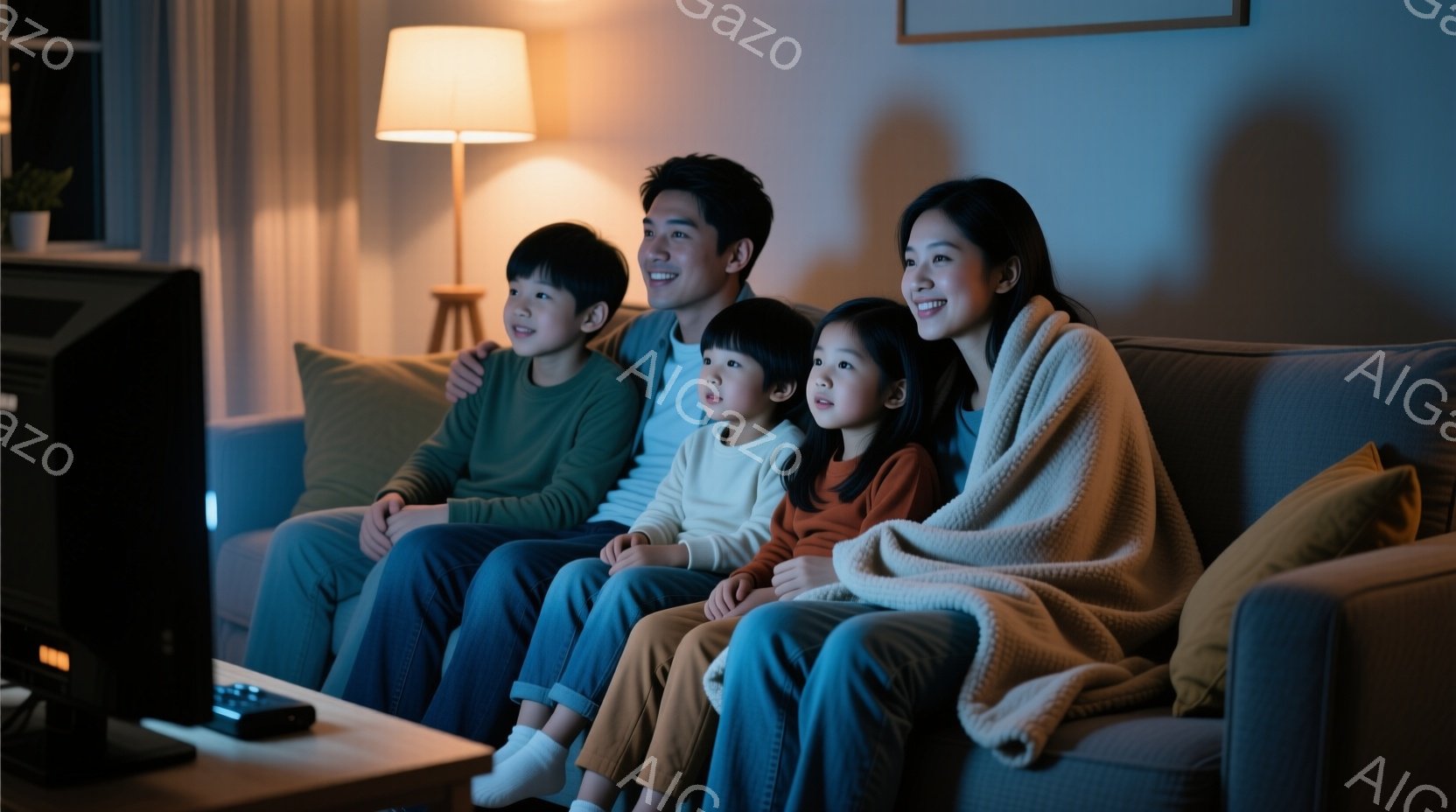 ソファに家族が座ってテレビを見ている様子が写っている。母親は毛布に包まり、笑顔で画面を見つめ、隣には同じように画面を見ている小さな女の子がいる。父親と男の子も隣に座り、全員がリラックスした表情で、温かい家庭の雰囲気が漂っている。
