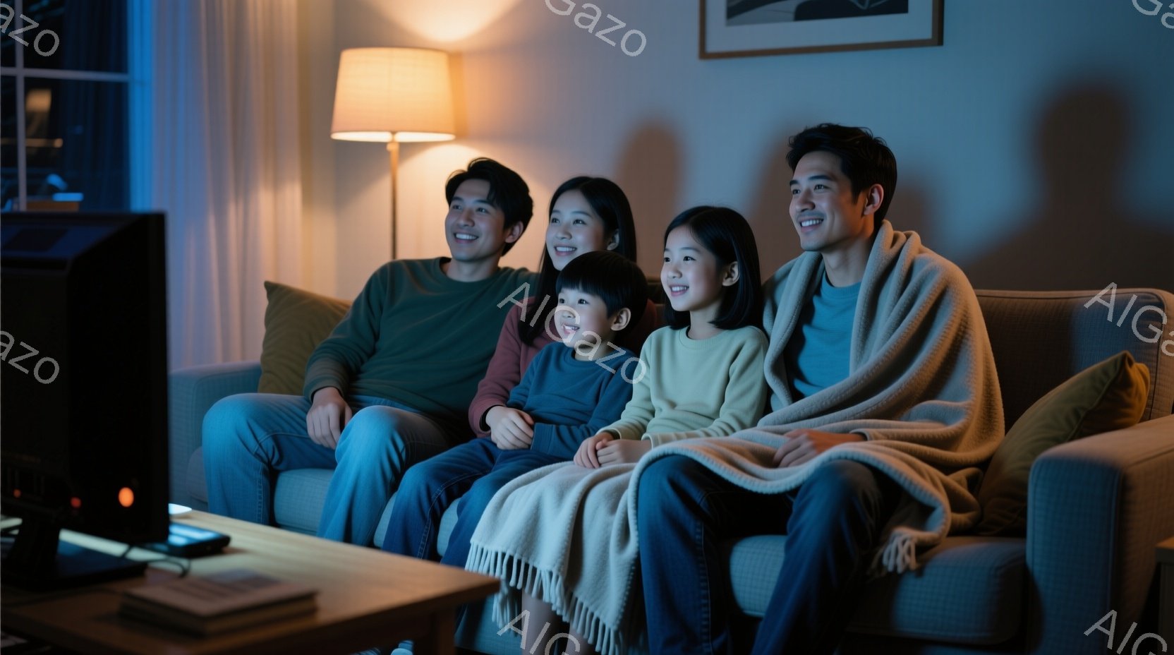 家族がソファーに座ってテレビを見ています。父親は青いシャツを着て、母親はベージュのセーターを着ています。子供たちはそれぞれ黄色とピンクの服を着て、皆リラックスした表情で、暖かい雰囲気です。 - AI生成フリー素材