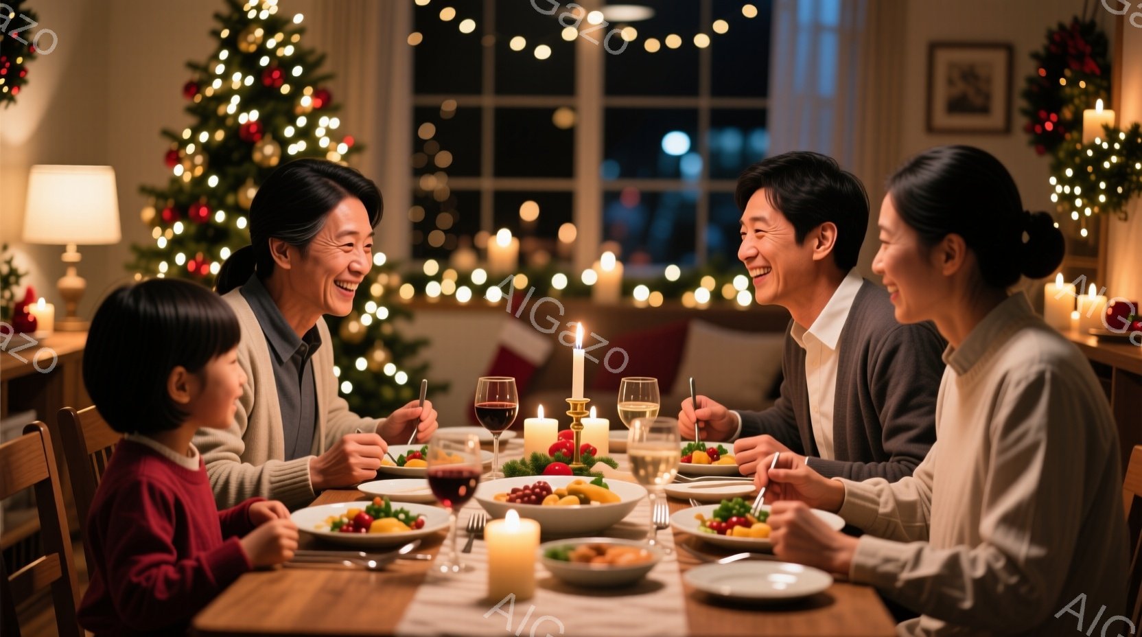 暖炉の光とキャンドルの明かりに照らされた食卓を囲む家族が写っている。母親は長い黒髪を後ろでまとめ、笑顔で夫と視線を交わし、娘は赤いセーターを着て、前かがみになって食事を楽しんでいる。背景にはクリスマス - AI生成フリー素材