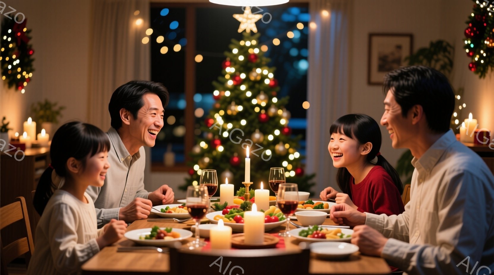 クリスマスツリーを背景に、家族が食卓を囲んで楽しそうに食事をしている様子が写っている。両親は笑顔で互いを見つめ、娘たちは嬉しそうに笑っている。食卓にはキャンドルやワイングラスが置かれ、温かく幸せな雰囲気が漂っている。