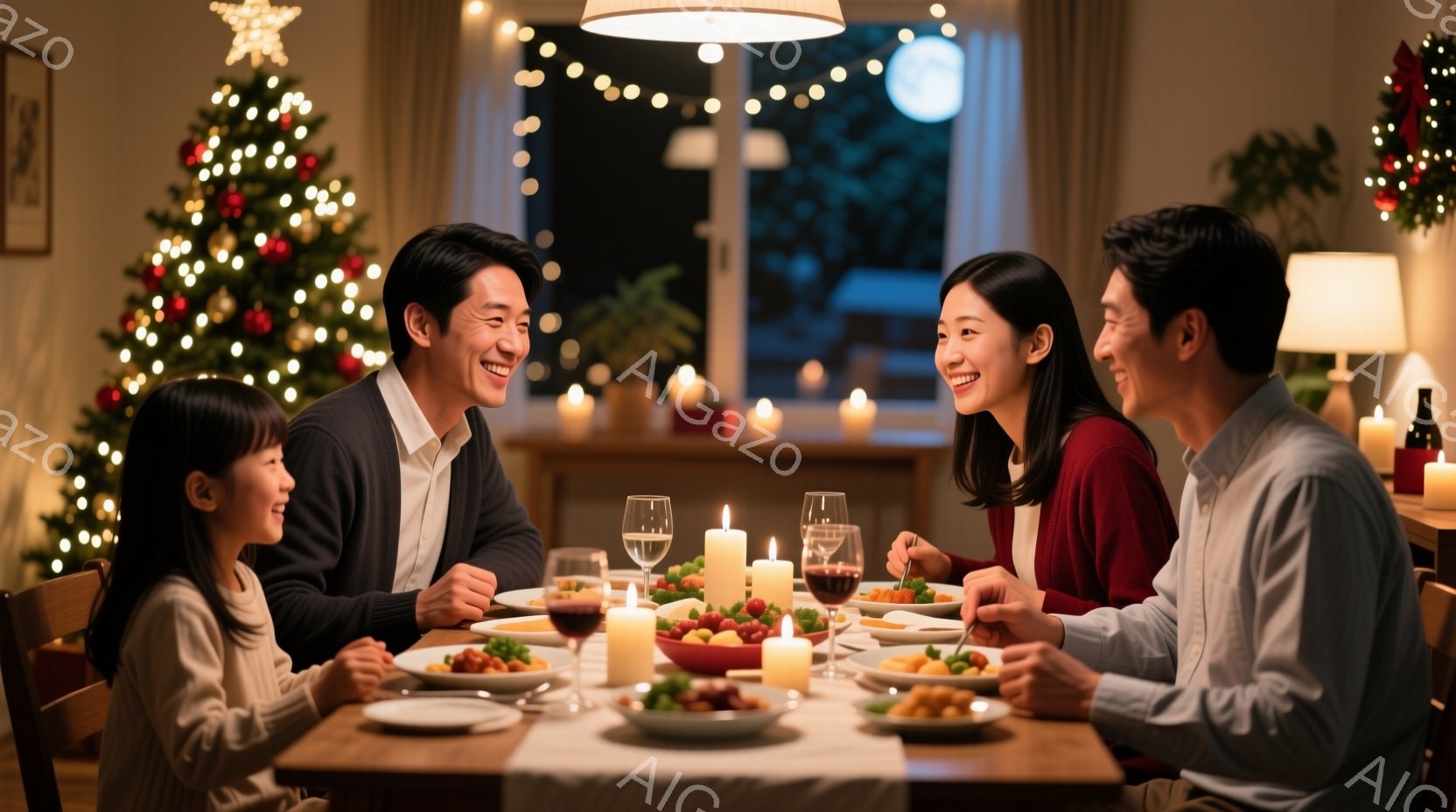 クリスマスツリーが飾られた温かいダイニングルームで、家族四人が夕食を楽しんでいます。母親は赤色のセーターを着て、父親は白いシャツを着ており、それぞれが笑顔で互いに見つめ合っています。テーブルにはワイン - AI生成フリー素材