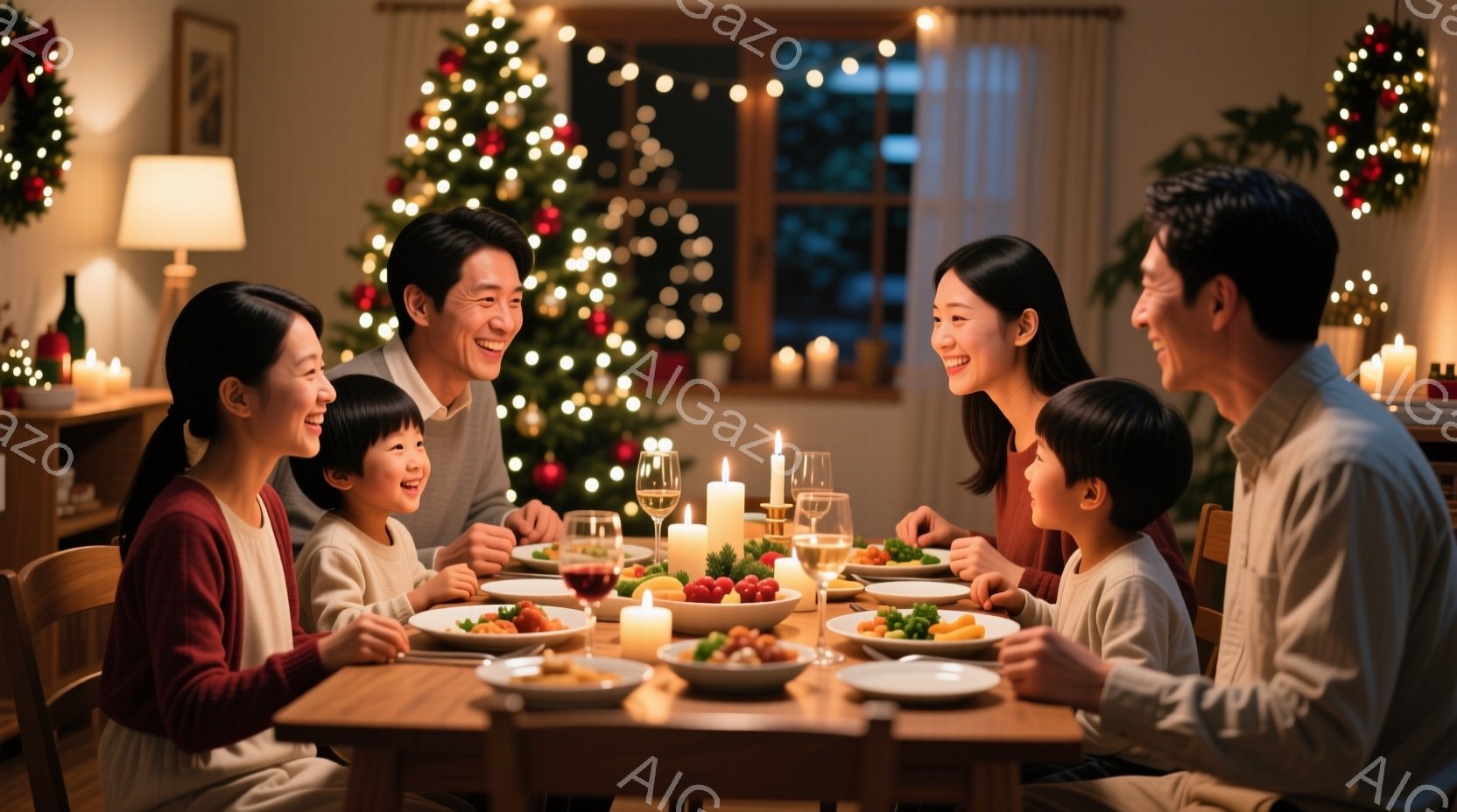 暖炉の光とキャンドルの灯りで照らされた食卓を囲む家族が写っている。両親はそれぞれ赤いニットと白シャツを着て微笑み、子供たちはカジュアルな服装で楽しそうにしている。背景にはクリスマスツリーが飾られ、温か - AI生成フリー素材