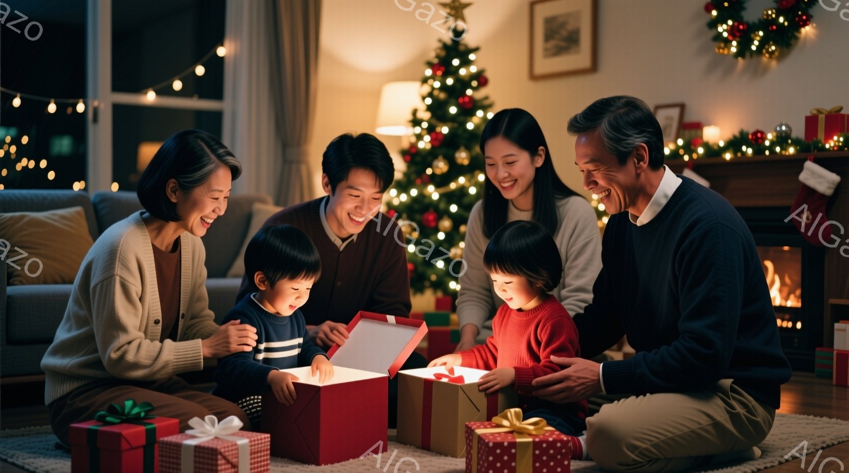 暖炉のあるリビングで、家族がクリスマスプレゼントを開けている様子が描かれています。おばあちゃん、お父さん、お母さん、そして二人の子供たちは床に座り、赤いギフトボックスに興味津々で、笑顔を浮かべています - AI生成フリー素材