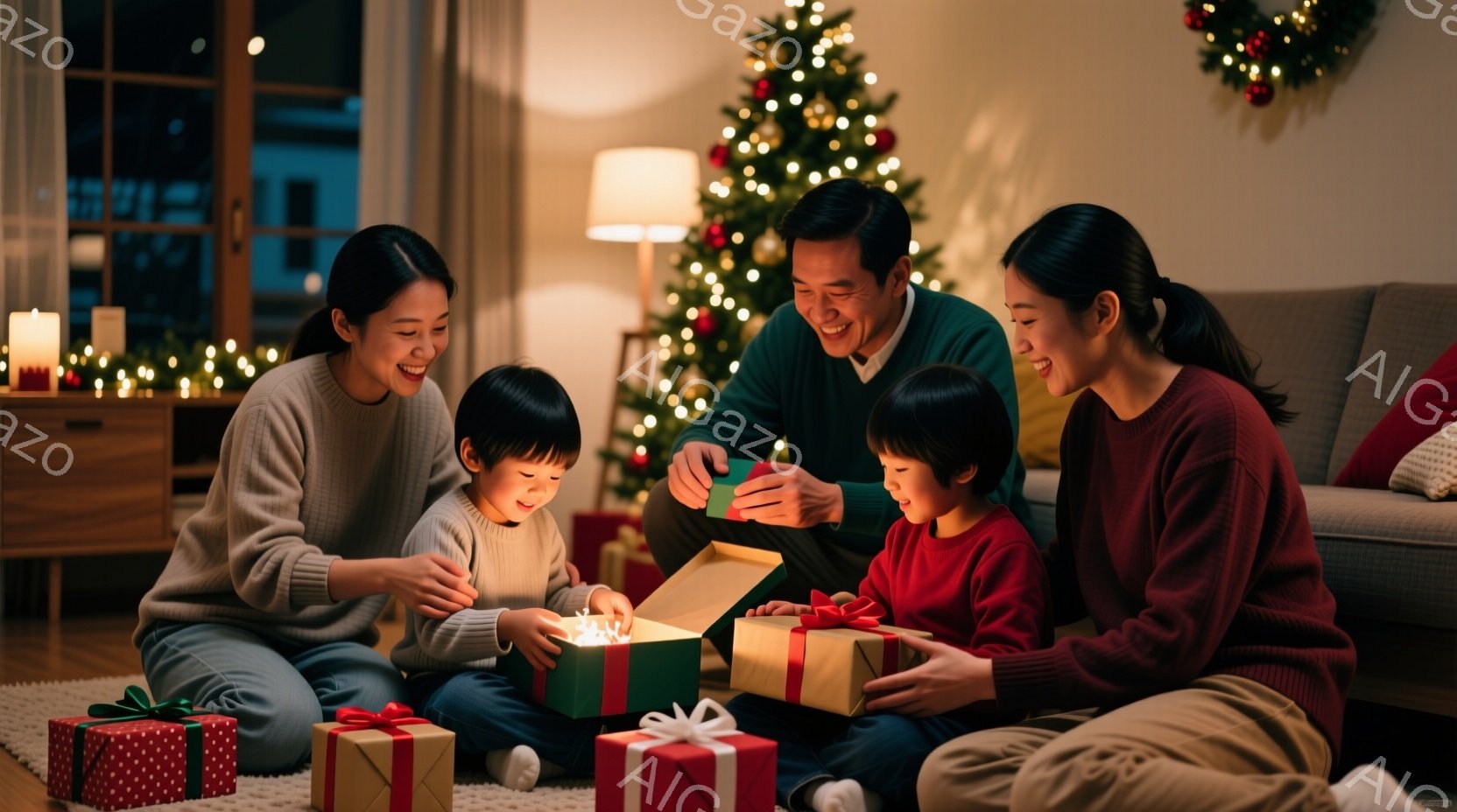家族が床に座り、クリスマスプレゼントを開けている様子が描かれている。両親はセーターを着て笑顔を見せ、子供たちは赤い服を着てプレゼントに夢中になっている。背景にはクリスマスツリーが飾られ、暖かく穏やかな - AI生成フリー素材