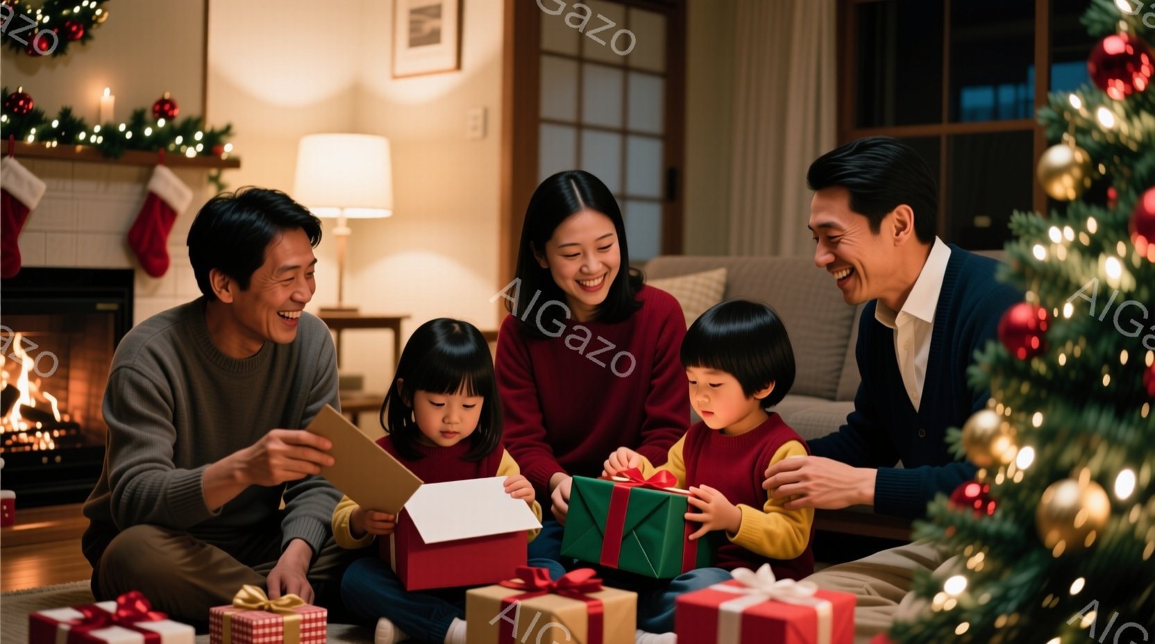暖炉のあるリビングで、家族四人がプレゼントを開けている様子が描かれています。母親は赤いセーターを着て微笑み、娘と息子がそれぞれプレゼントに夢中になっています。クリスマスツリーが飾られ、プレゼントの箱が散らばっており、温かく幸せな雰囲気が漂っています。