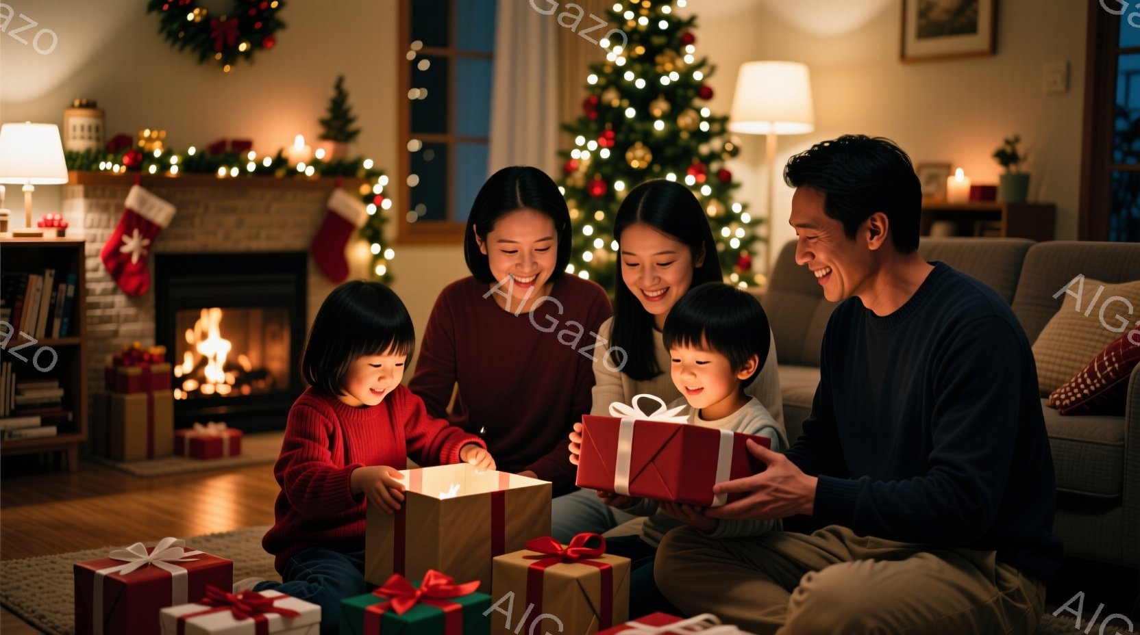 暖炉のあるリビングで、家族がクリスマスプレゼントを開けている様子が写っています。子供たちは赤いセーターを着ており、母親と父親はそれぞれカジュアルな服装で、皆笑顔でプレゼントを楽しんでいます。背景にはク - AI生成フリー素材