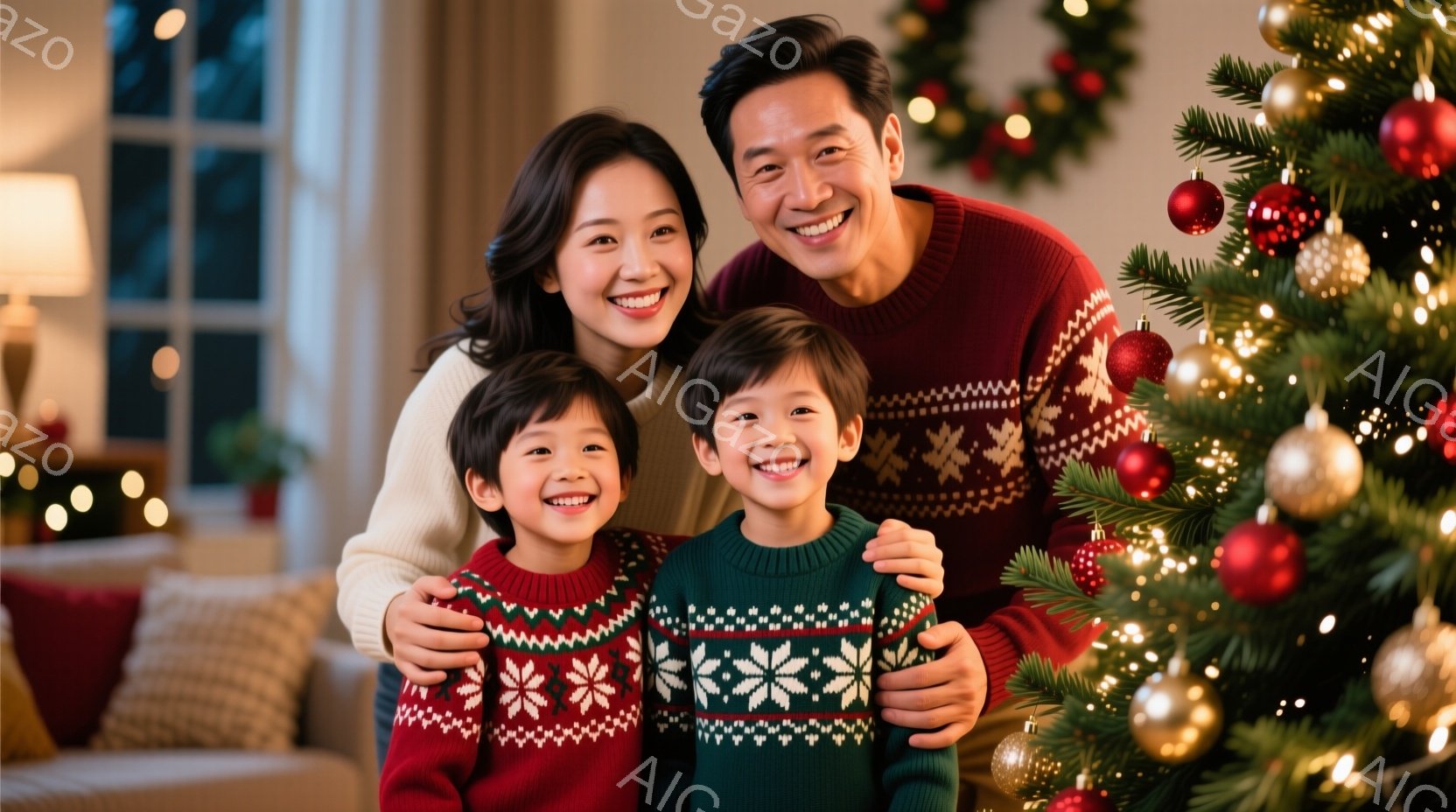 家族がクリスマスツリーの前で寄り添って微笑んでいます。母親はオフホワイトのセーター、父親と二人の息子はそれぞれ赤と緑のノルディック柄のセーターを着ています。背景にはぼやけたリビングルームと、暖かく柔らかな光が差し込んでおり、幸せで和やかな雰囲気が漂っています。