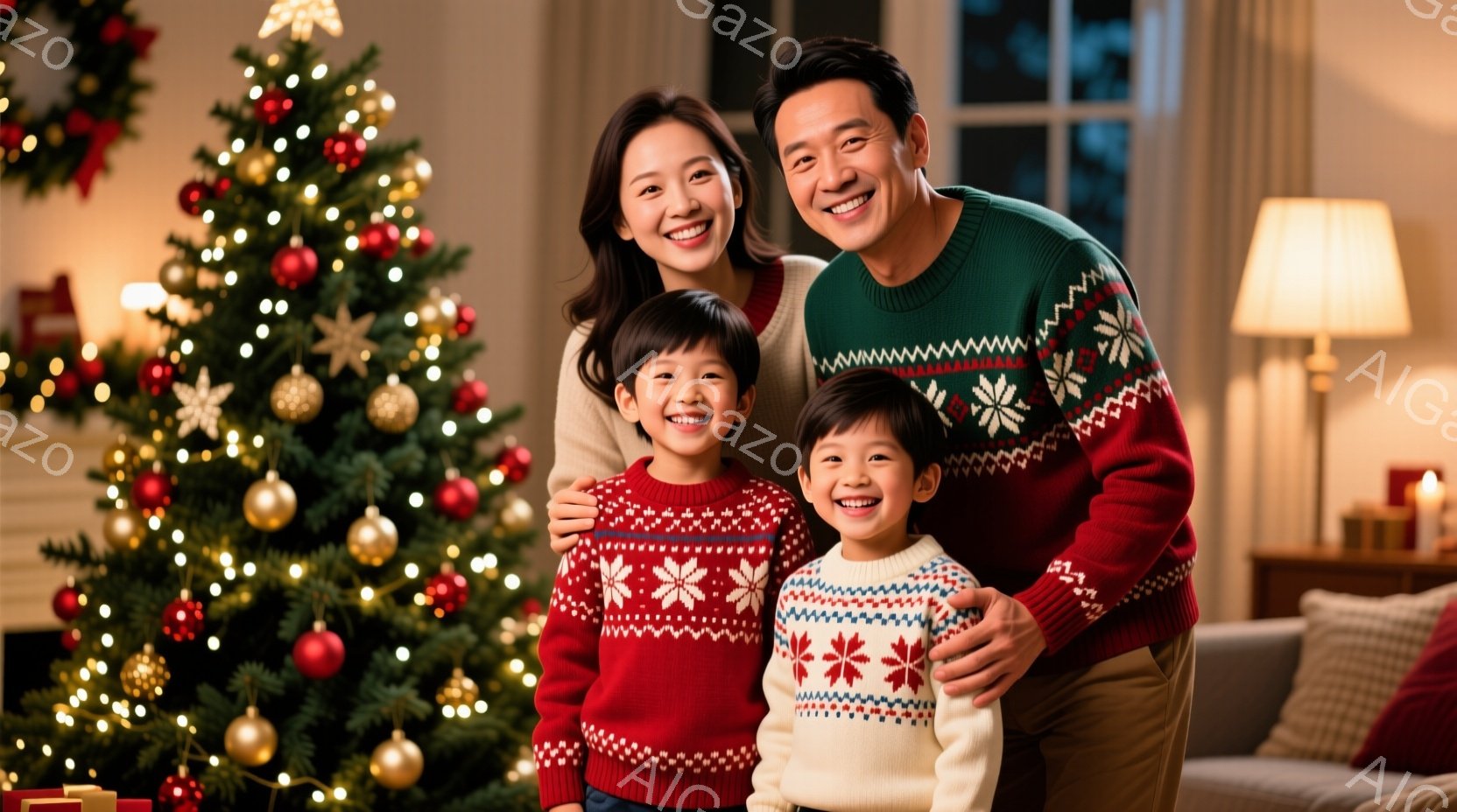 クリスマスツリーを背景に、笑顔の家族が写っています。両親はそれぞれ緑と赤の柄入りセーターを着ており、子供たちは同じく赤のセーターを着ています。家族は互いに寄り添い、幸せな雰囲気を醸し出しています。