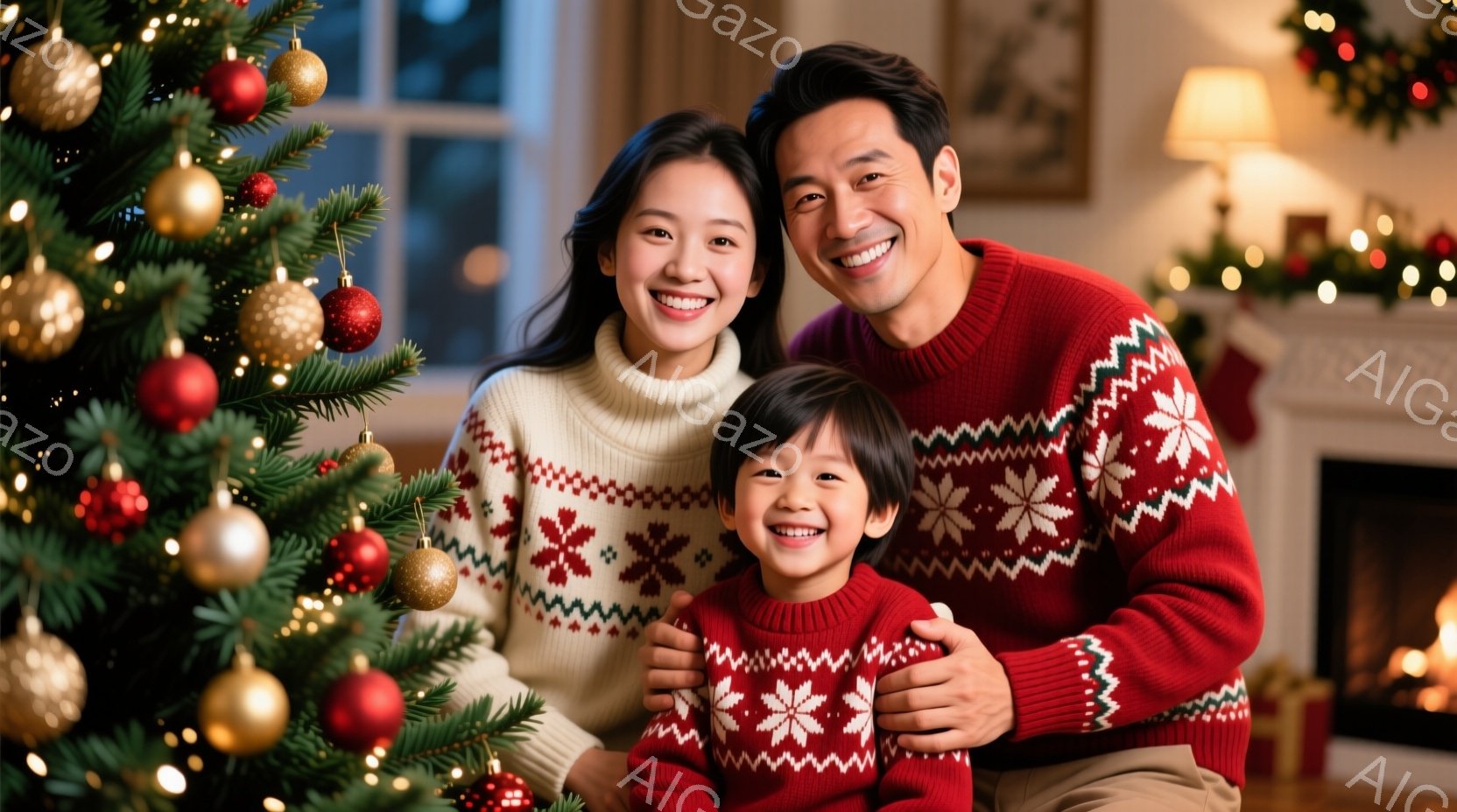 家族はクリスマスツリーの前に寄り添って笑顔を見せています。母親は白いセーター、父親と子供は赤いノルディック柄のセーターを着ており、暖炉と飾り付けられた部屋が背景に見えます。全体的に、温かく、幸せなクリスマスの雰囲気が漂っています。