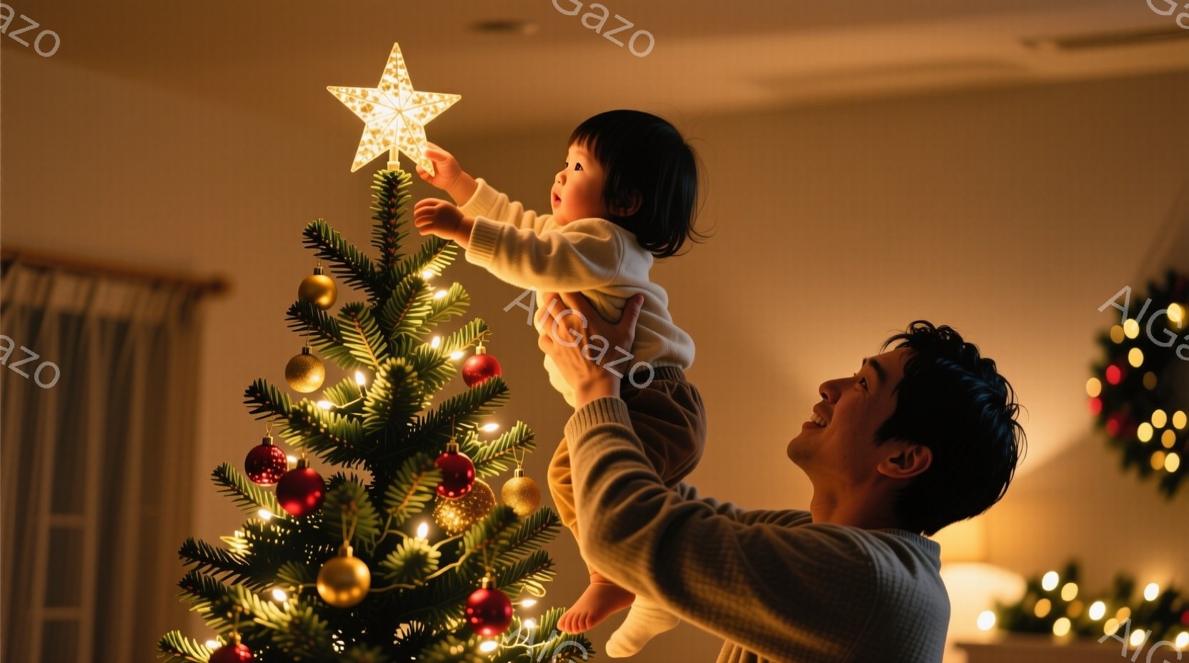 一人の父親が幼い子供を抱きかかえ、クリスマスツリーのてっぺんに星型のオーナメントを取り付けようとしている場面です。父親は白いセーターを着ており、子供は赤い服を着ています。背景には、クリスマスツリーと装飾がぼんやりと見え、温かく優しい家庭的な雰囲気が漂っています。