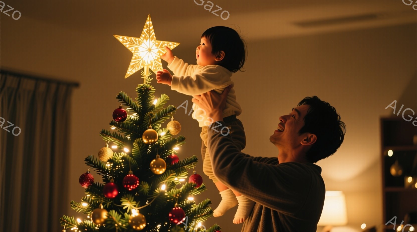 クリスマスツリーのてっぺんに星を飾る父親と幼い子供が写っている。父親は笑顔で子供を高く掲げ、子供は興味深げに星を見つめている。背景にはぼんやりと部屋の様子が見え、暖かく穏やかなクリスマスの雰囲気が漂っている。